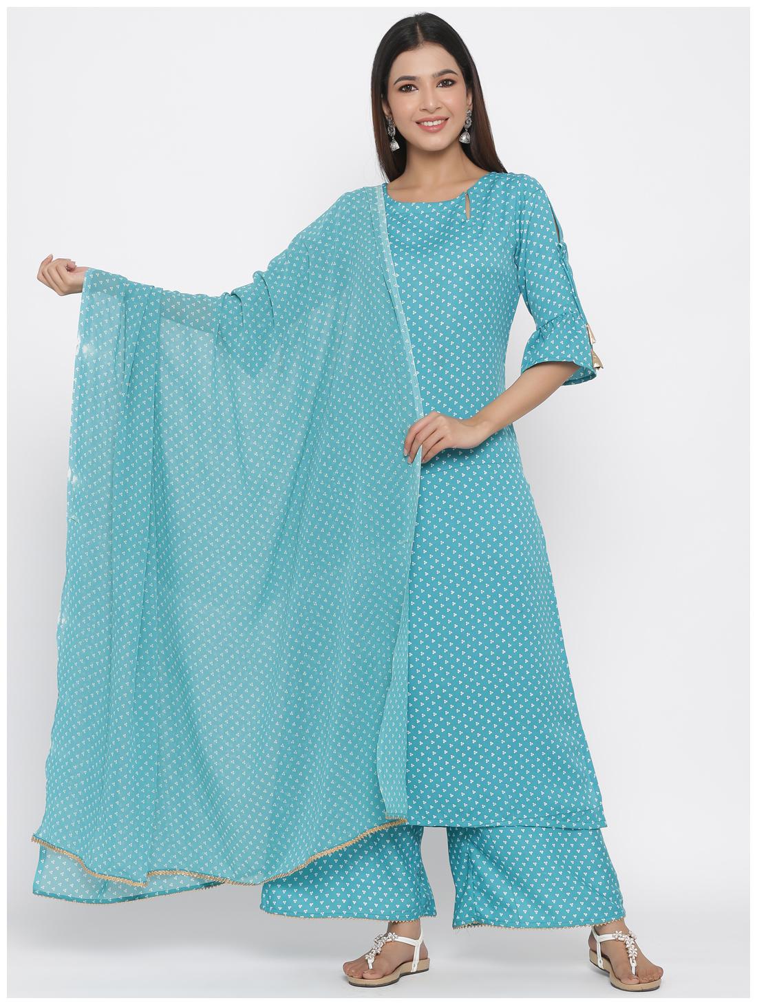 

Juniper Women Blue Ethnic Motifs Straight Kurta With Palazzo And Dupatta