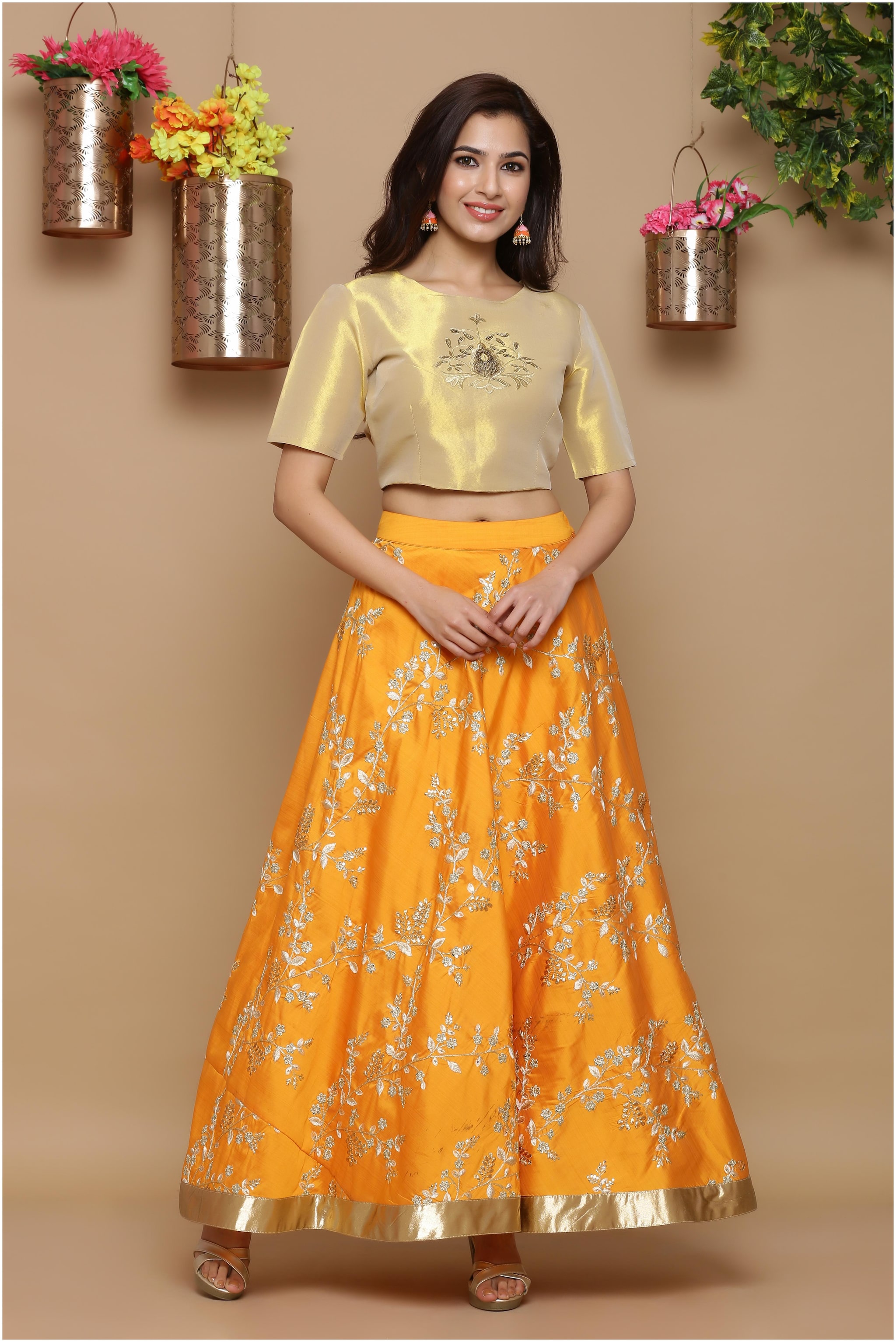 

Juniper Silk Embellished Yellow Golden Color Crop Top Lehenga