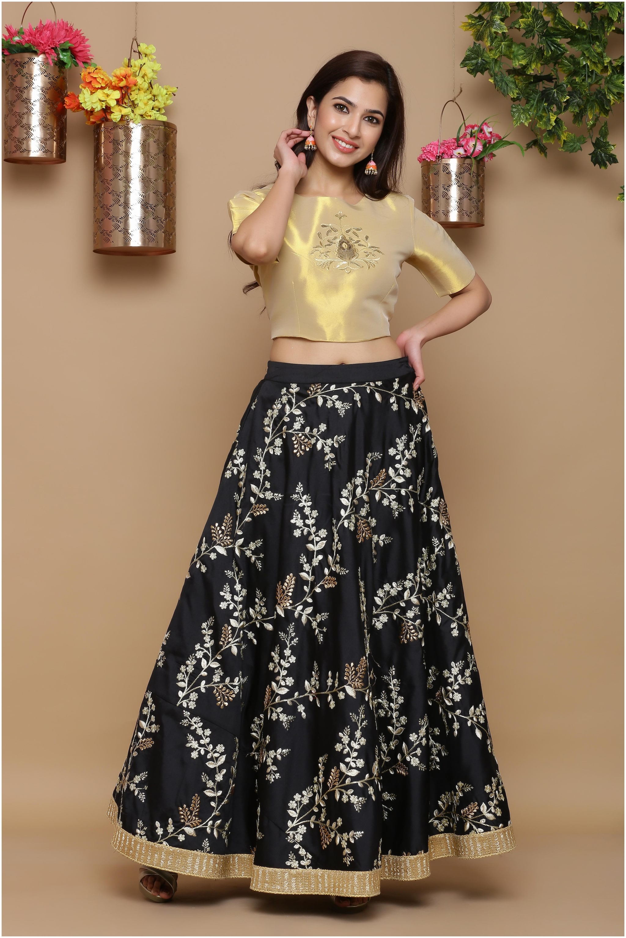 

Juniper Silk Embellished Black Golden Color Crop Top Lehenga