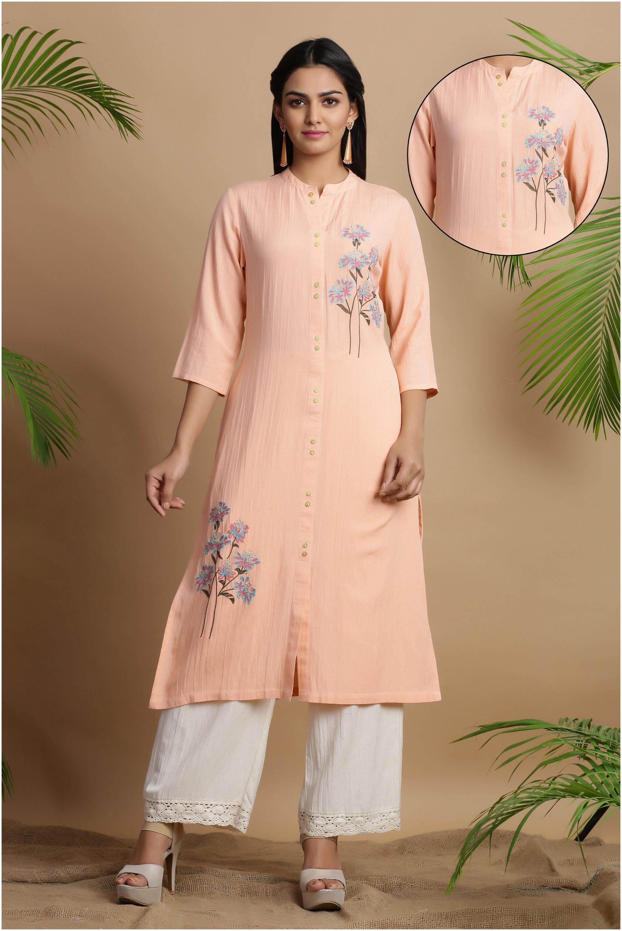

Juniper Viscose Rayon Embroidered Peach Kurti For Women
