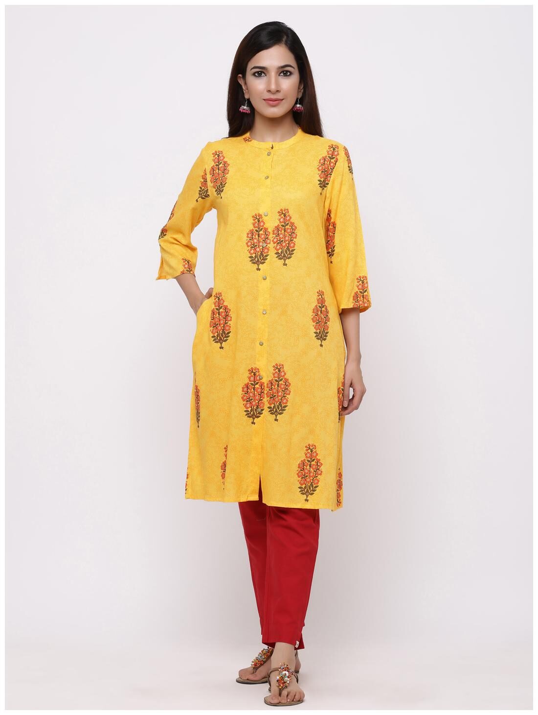 

Juniper Viscose Rayon Ethnic Motifs Yellow Kurti For Women