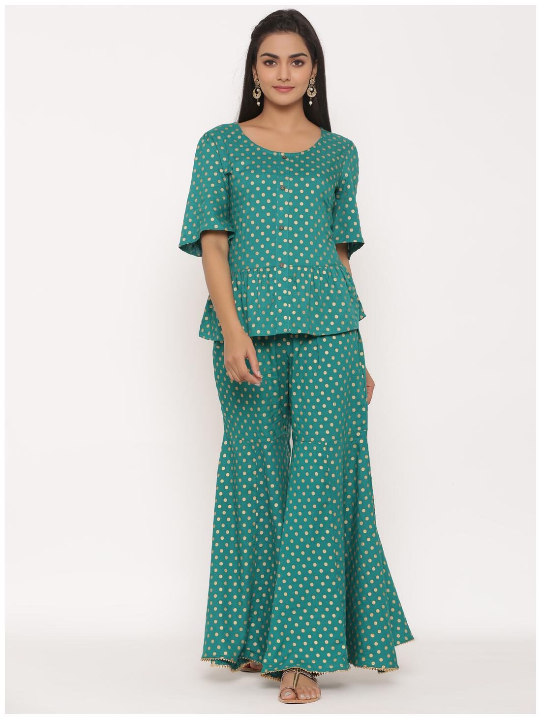 

Juniper Viscose Rayon Polka Dots Green Top Palazzo Without Dupatta Women