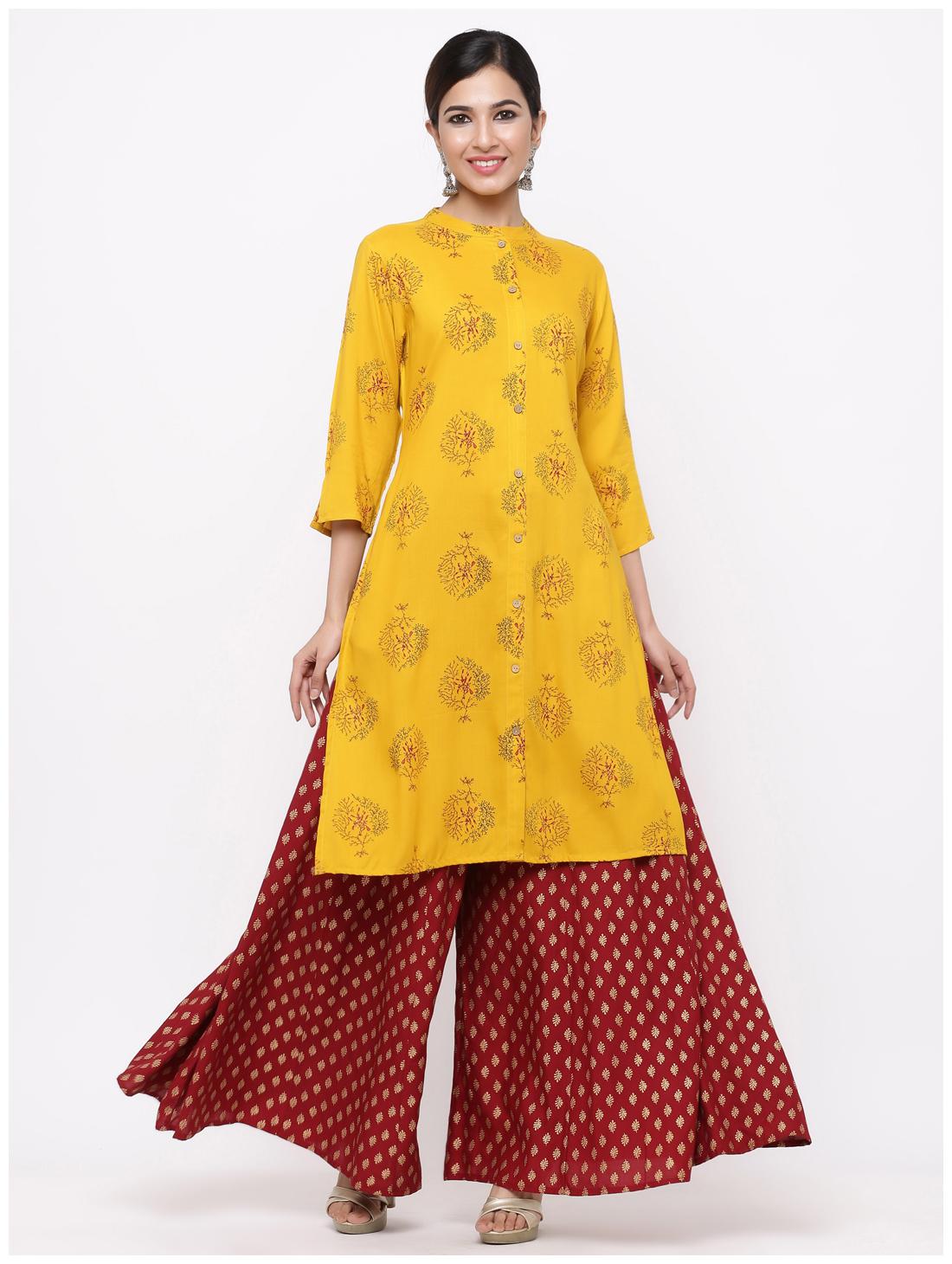 

Juniper Viscose Rayon Ethnic Motifs Yellow Kurti For Women