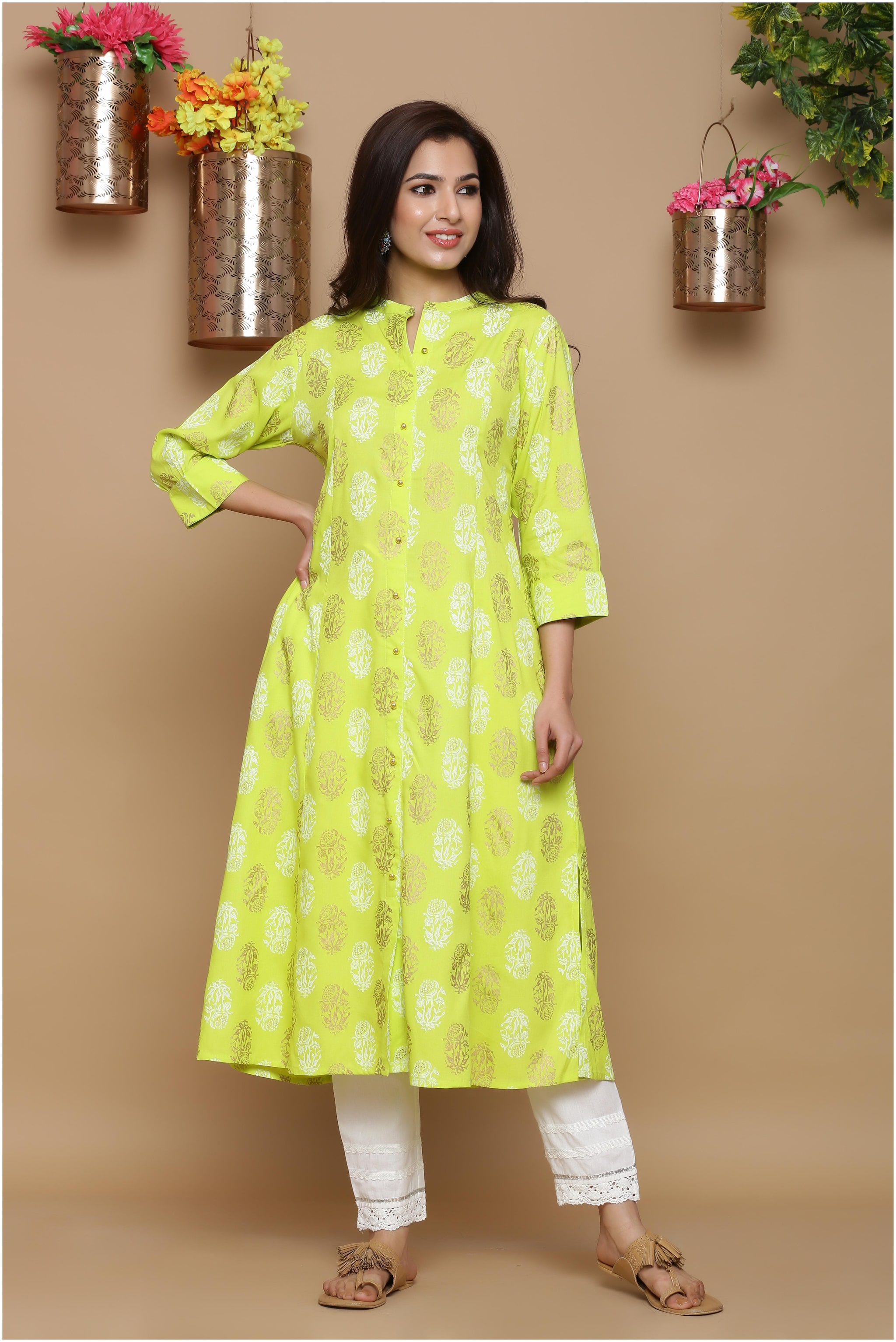 

Juniper Viscose Rayon Ethnic Motifs Yellow Kurti For Women