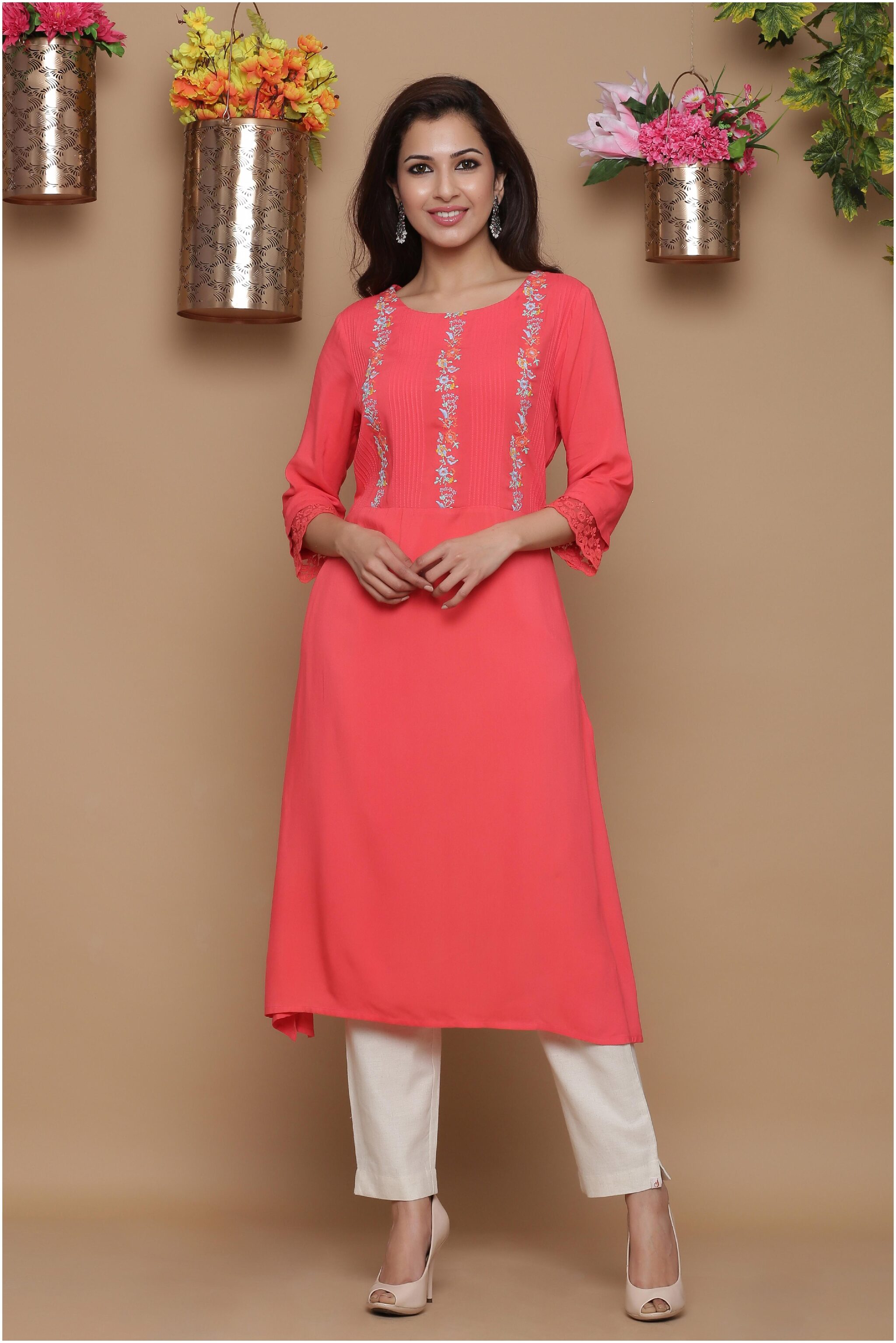 

Juniper Women Red Embroidered Straight Kurta