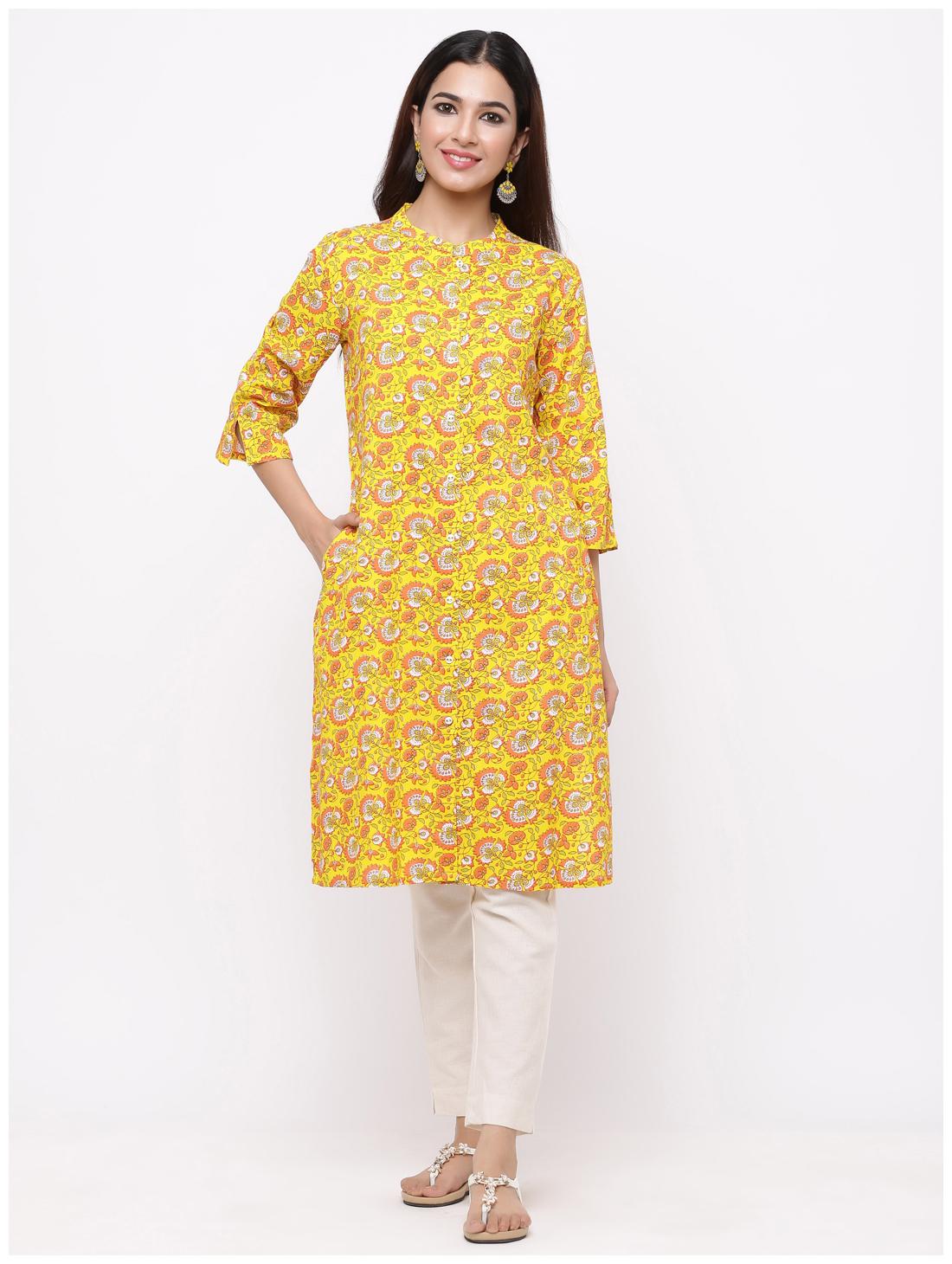 

Juniper Viscose Rayon Ethnic Motifs Yellow Kurti For Women