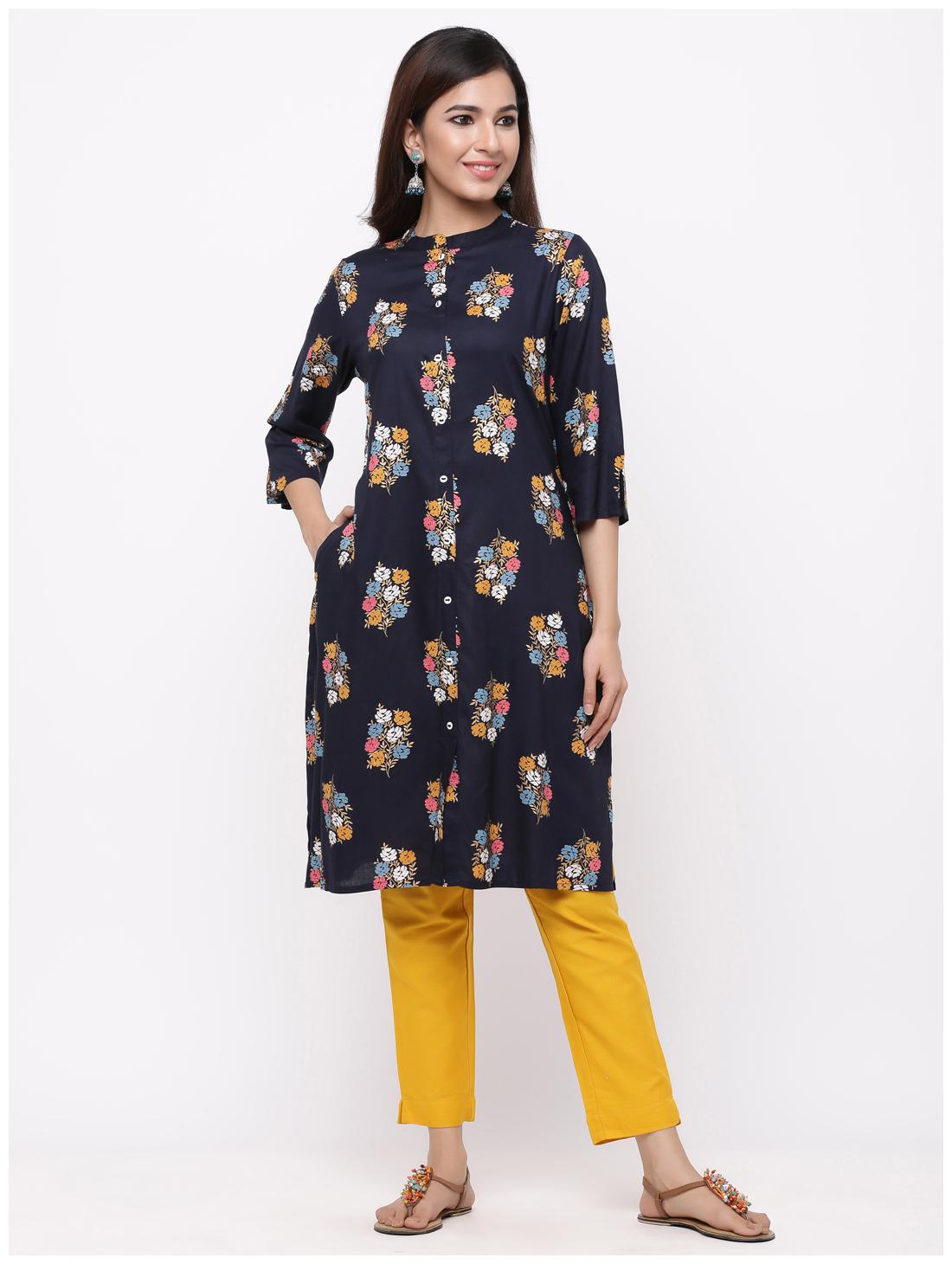 

Juniper Viscose Rayon Floral Navy Blue Kurti For Women