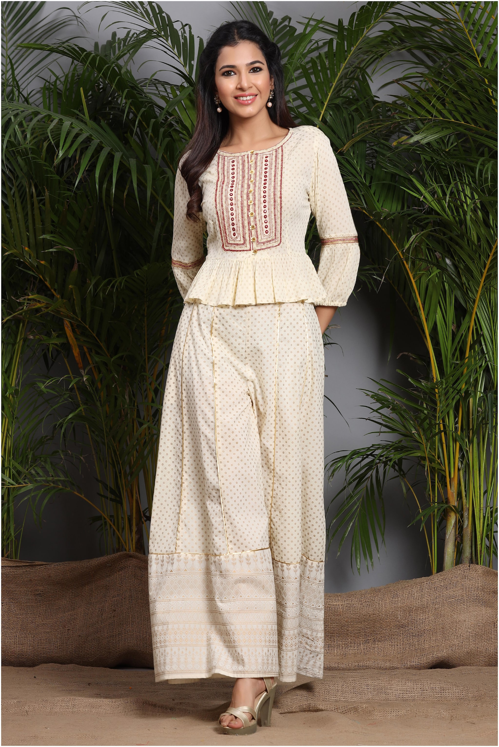 

Juniper Viscose Rayon Embroidered Cream Top Palazzo Without Dupatta Women