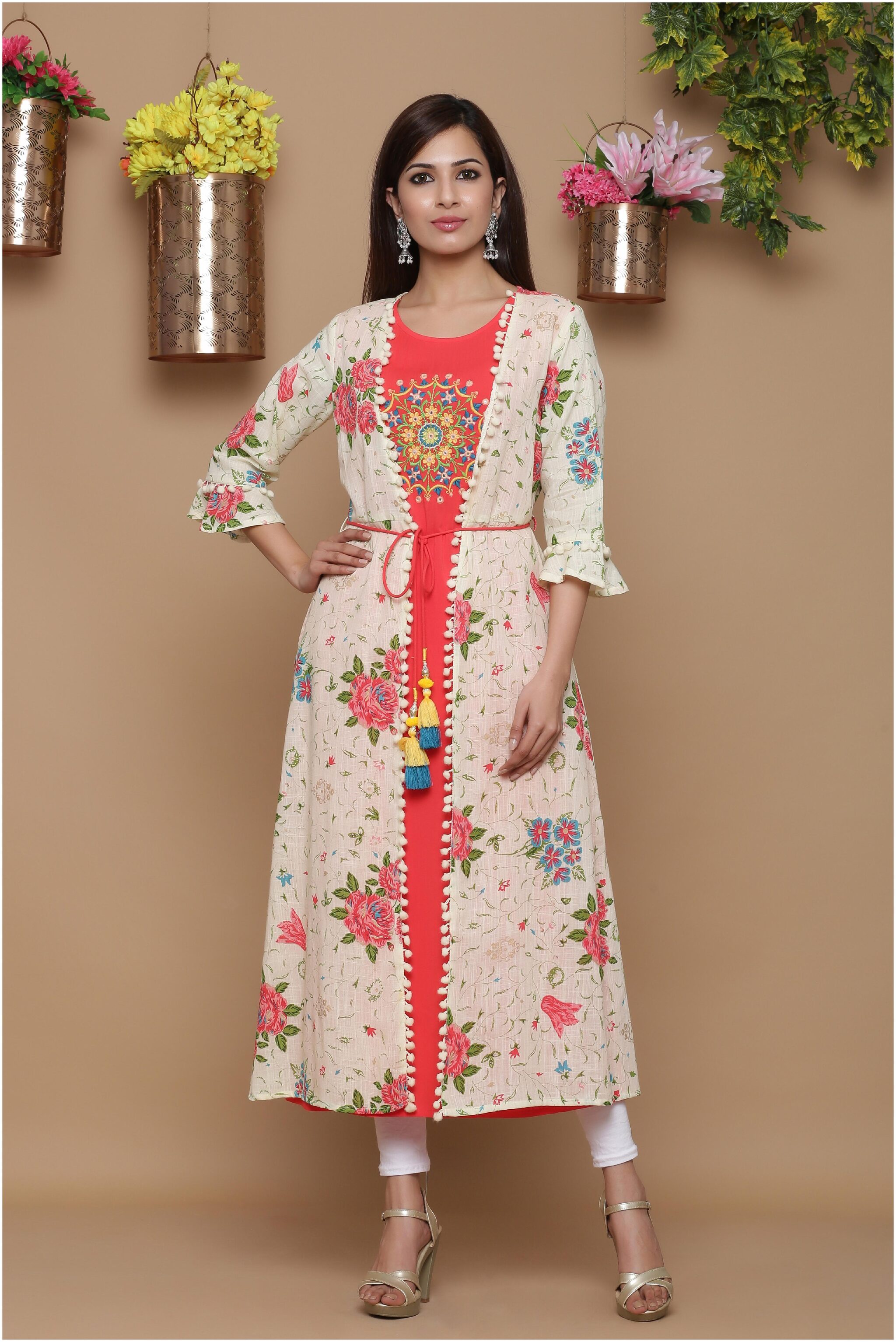 

Juniper Women Beige Red Embroidered Layered Kurta