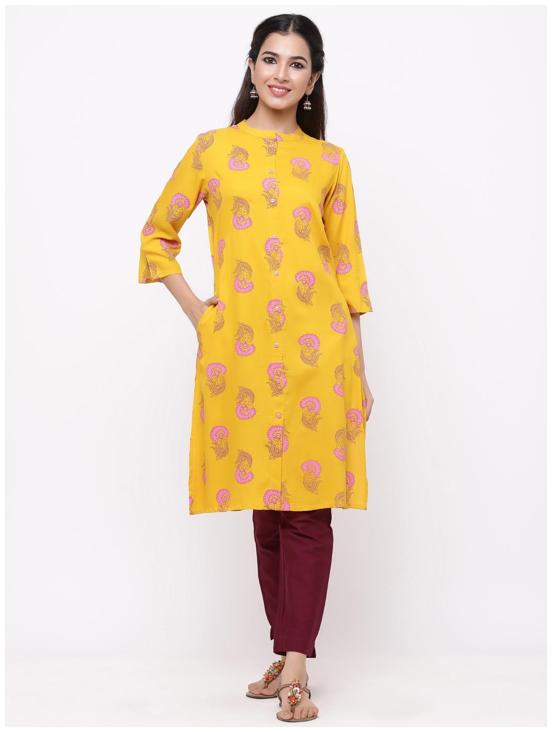 

Juniper Viscose Rayon Ethnic Motifs Yellow Kurti For Women