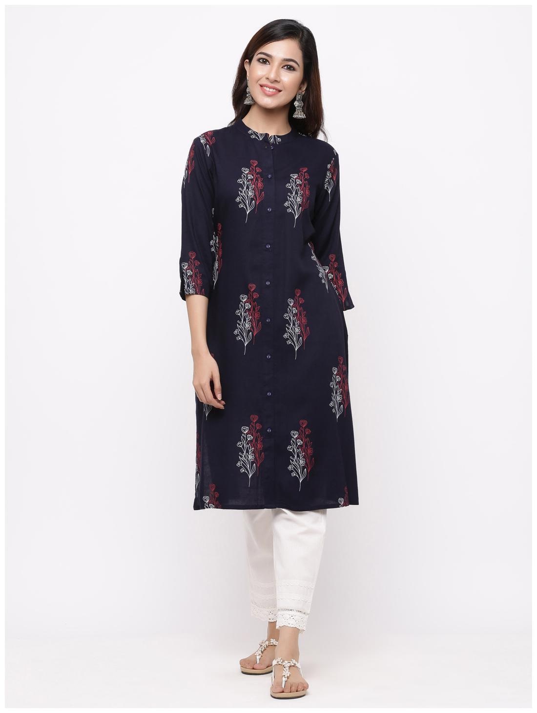 

Juniper Viscose Rayon Ethnic Motifs Navy Blue Kurti For Women