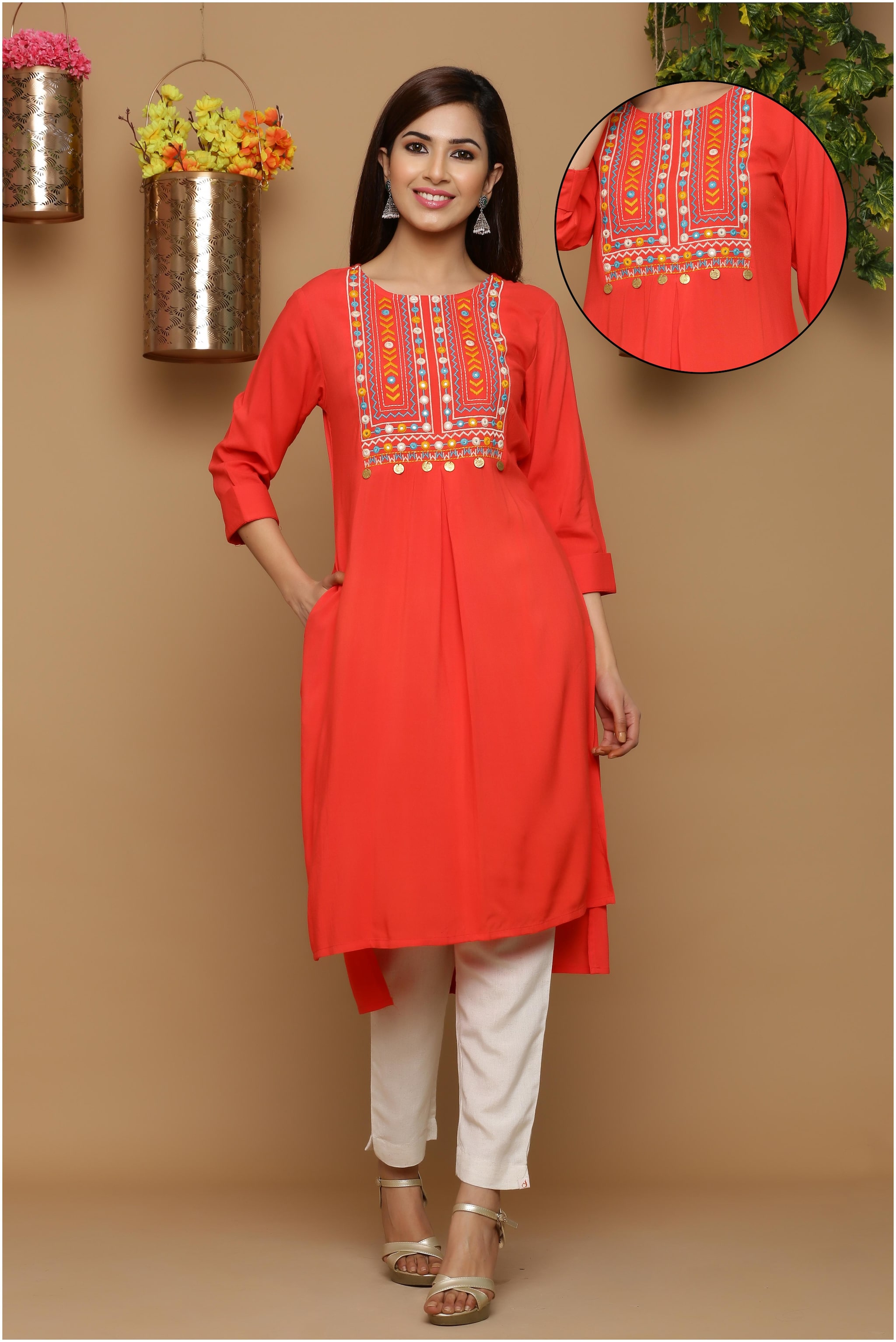 

Juniper Viscose Rayon Embroidered Red Kurti For Women