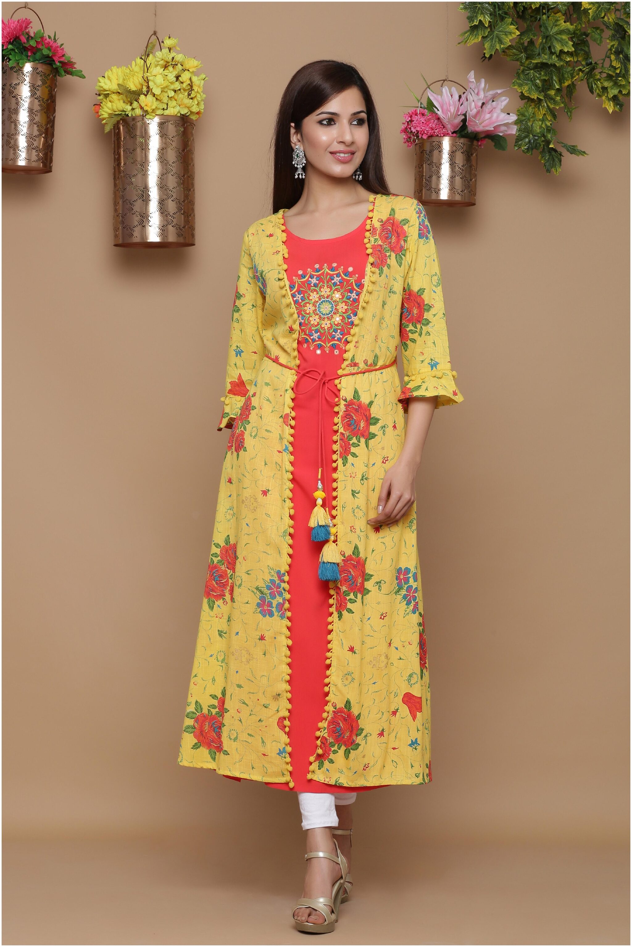 

Juniper Women Yellow Red Embroidered Layered Kurta