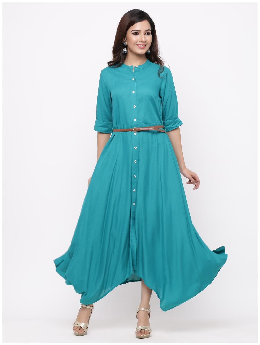 

Juniper Viscose Rayon Solid Green Kurti with Belt For Women