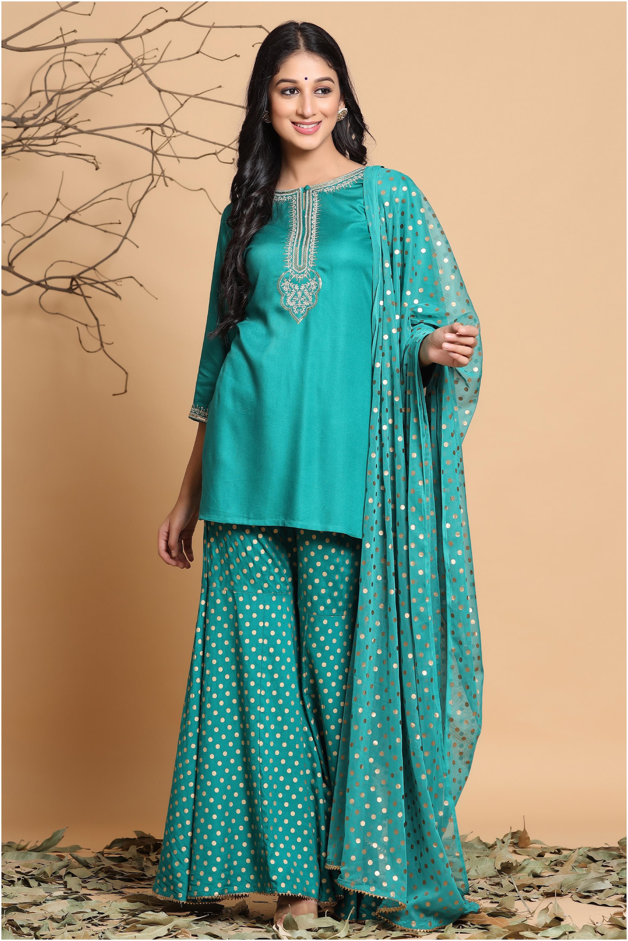 

Juniper Viscose Rayon Embroidered Green Kurta Palazzo With Dupatta Women