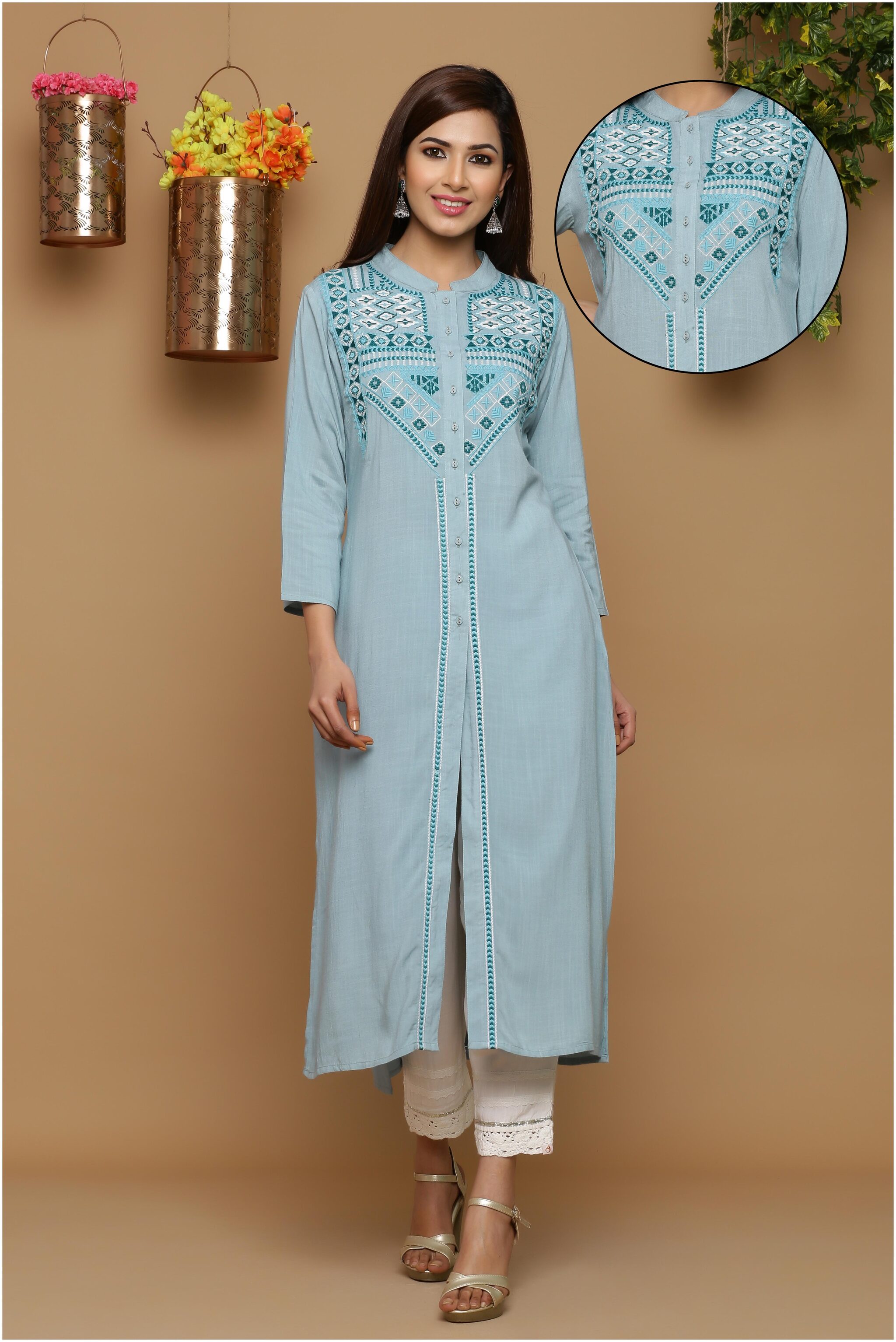 

Juniper Women Blue Embroidered Straight Kurta