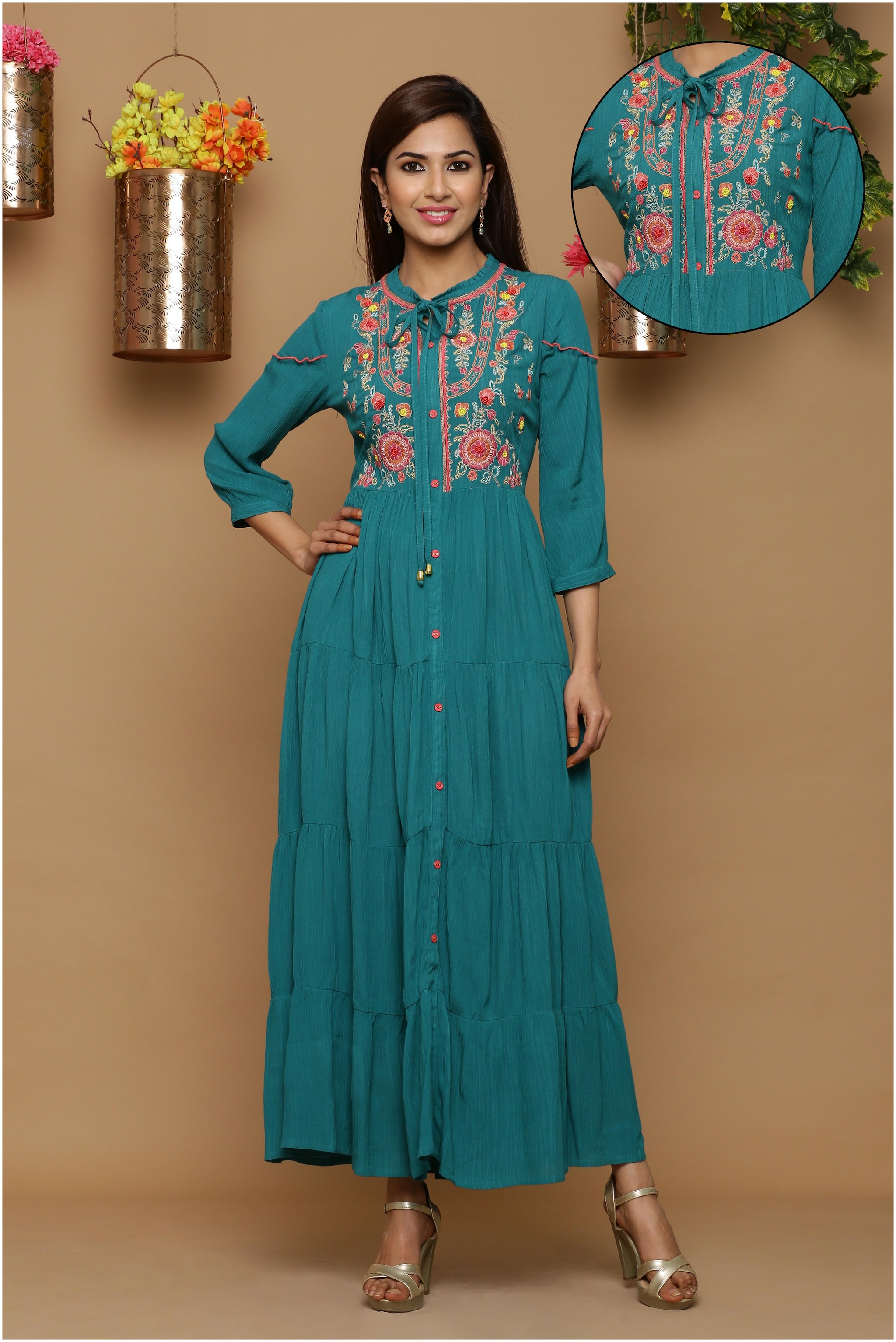 

Juniper Viscose Rayon Embroidered Green Kurti For Women