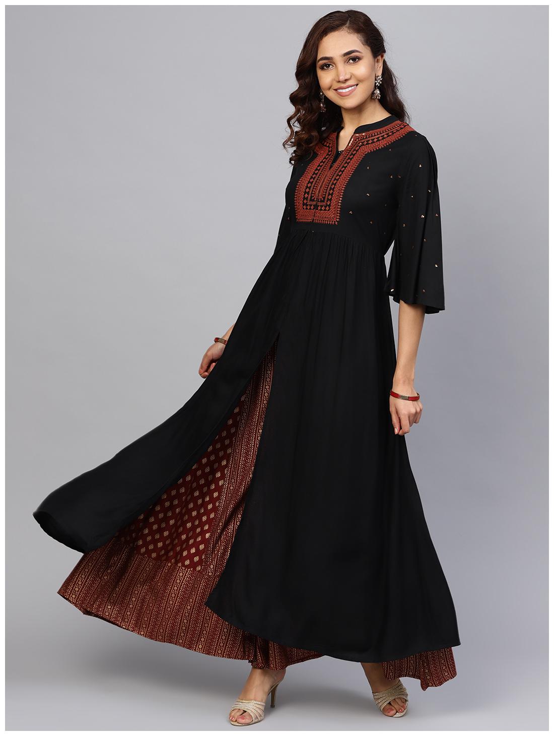

Juniper Women Rayon Embroidery Black Kurta With Palazzo