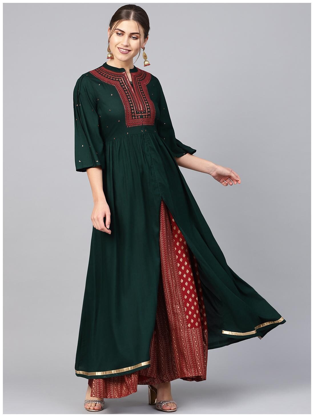 

Juniper Women Liva Embroidered Green Kurta With Palazzo