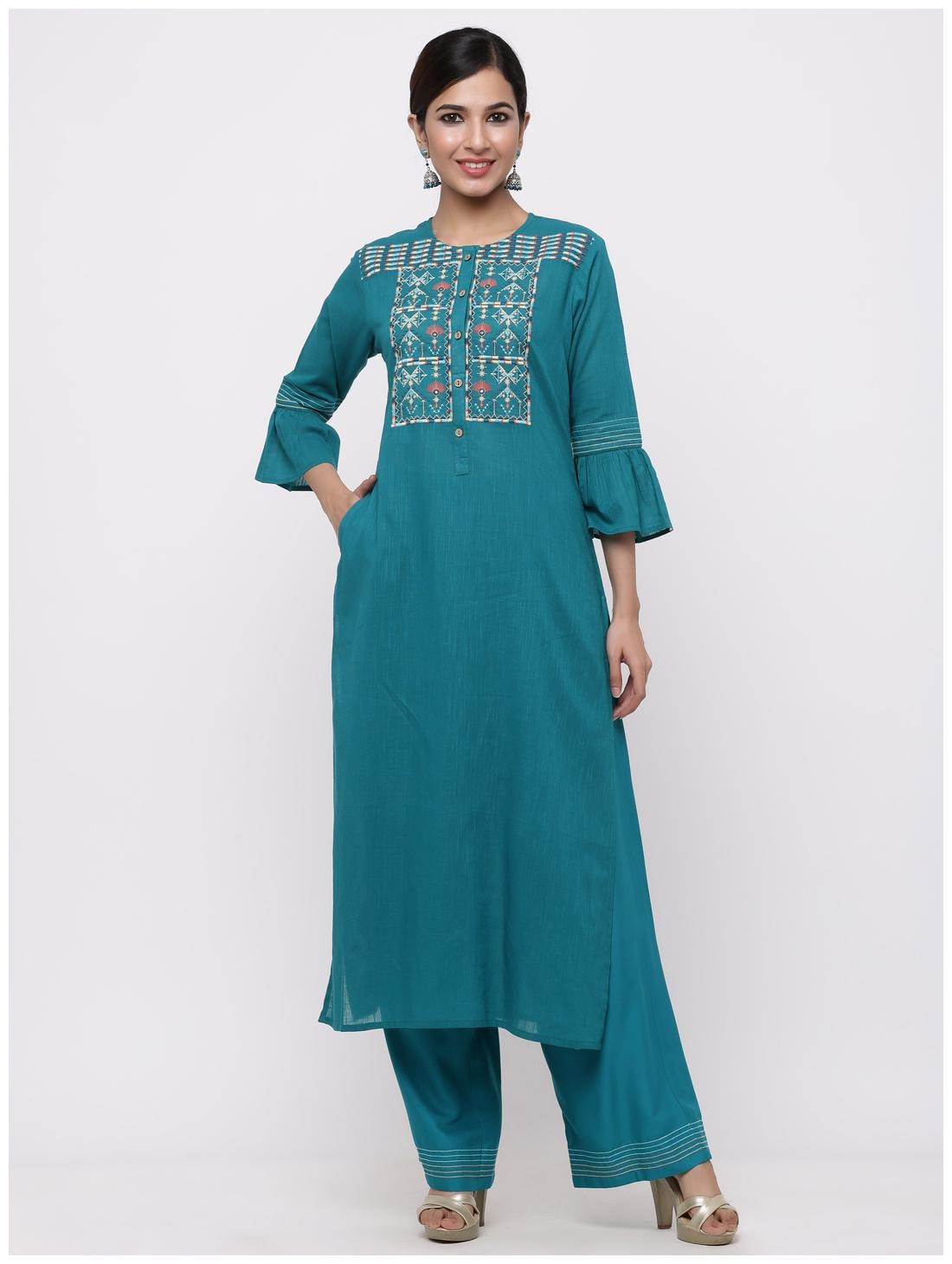

Juniper Women Cotton Kurta With Palazzo (Green)