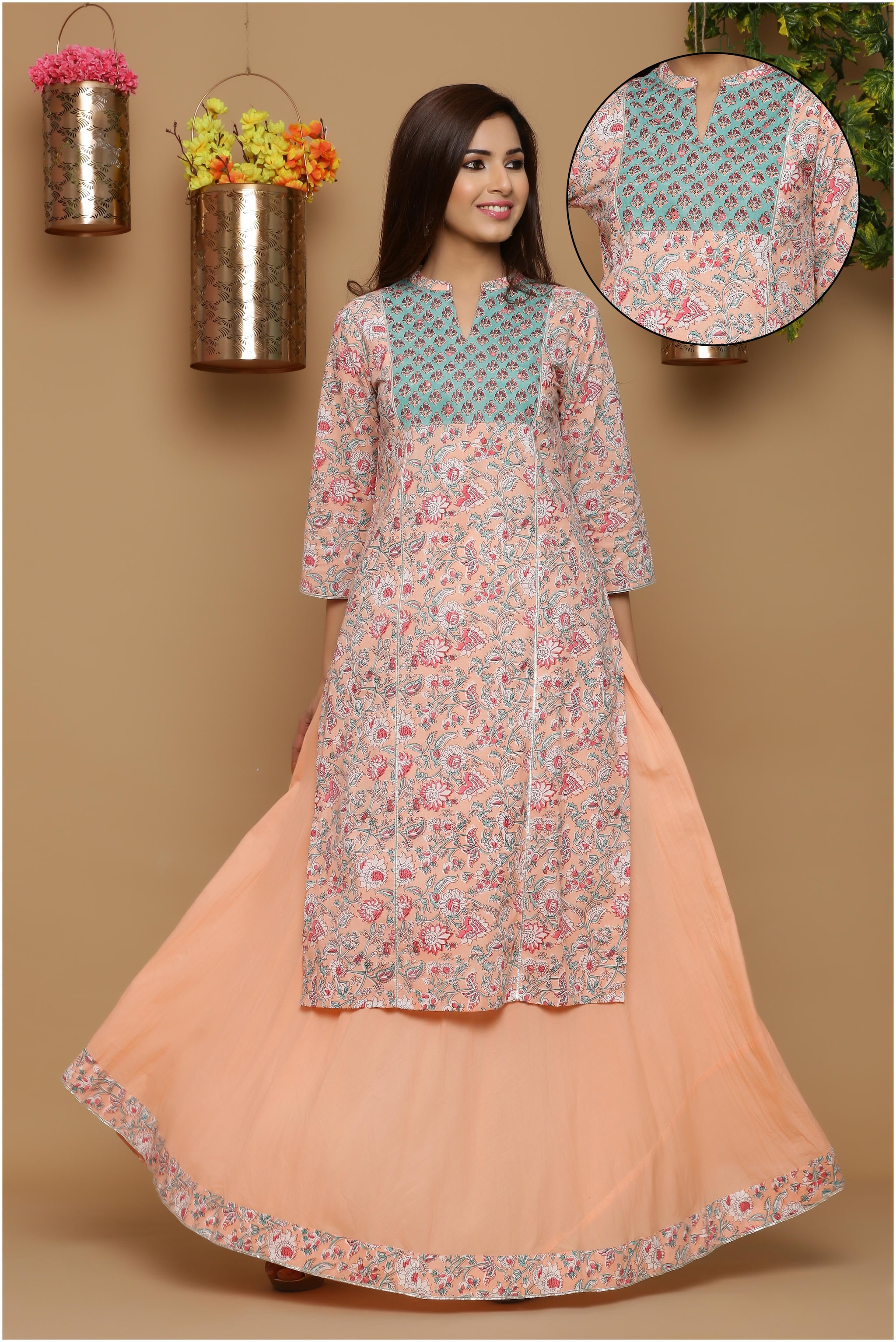 

Juniper Women Peach Floral Straight Kurta With Skirt