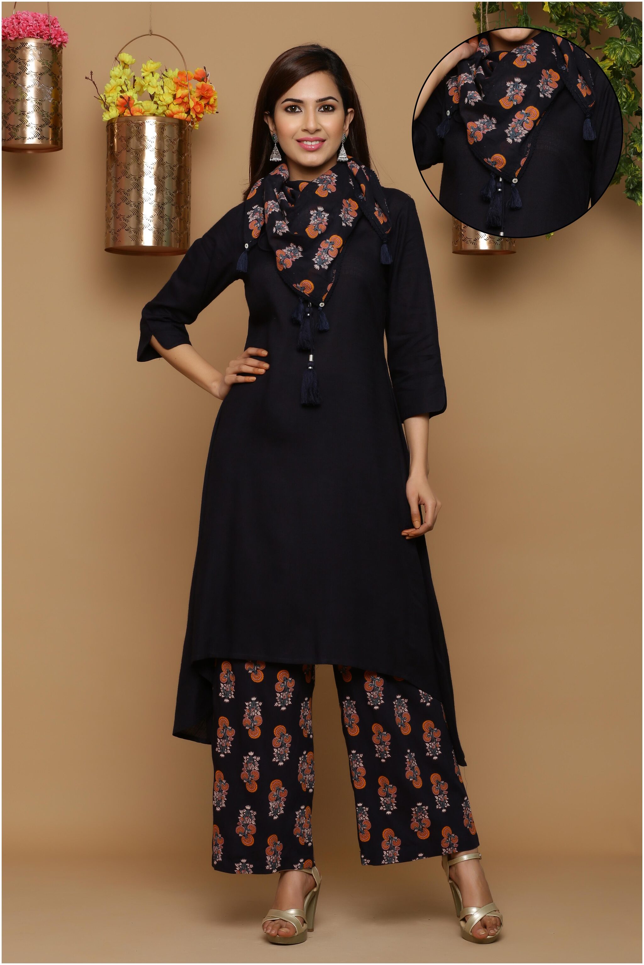 

Juniper Women Navy Blue Floral Asymmetric Kurta With Palazzo And Dupatta