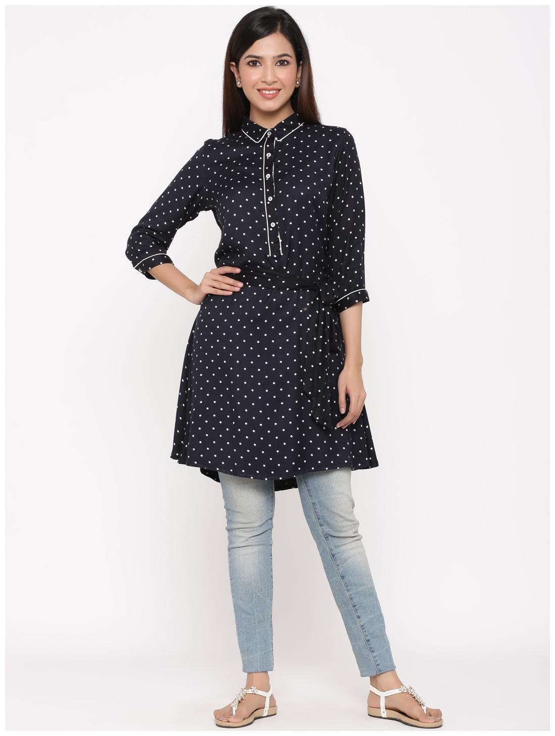 

Juniper Women Viscose Rayon Navy Blue Polka Dots A Line