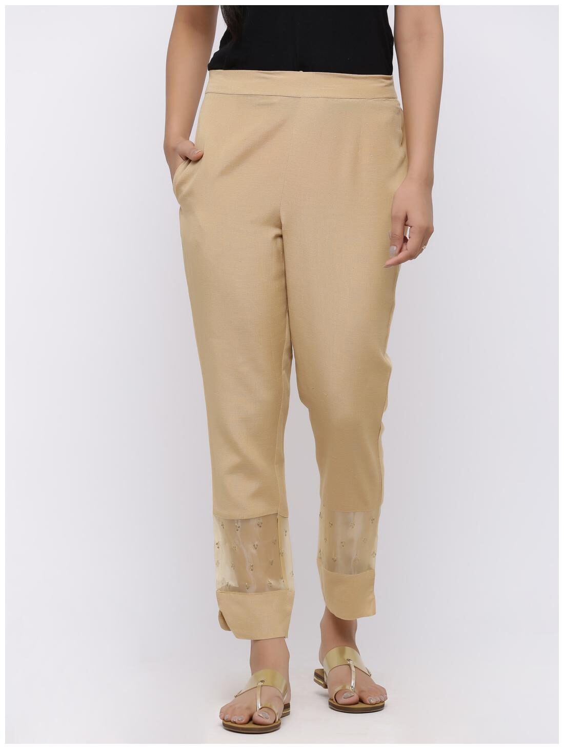 

Juniper Women Viscose Rayon Embellished Slim Fit Straight Pants (Gold)