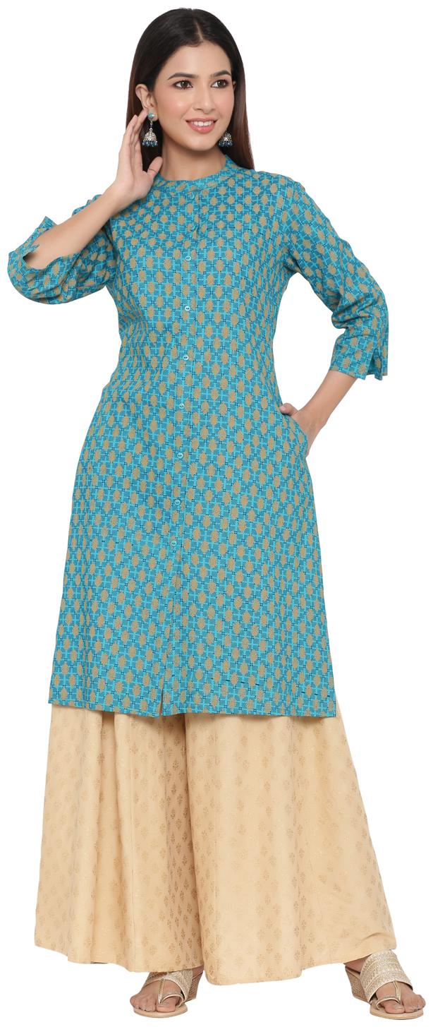

Juniper Women Viscose Rayon Ethnic Motifs Turquoise Kurta
