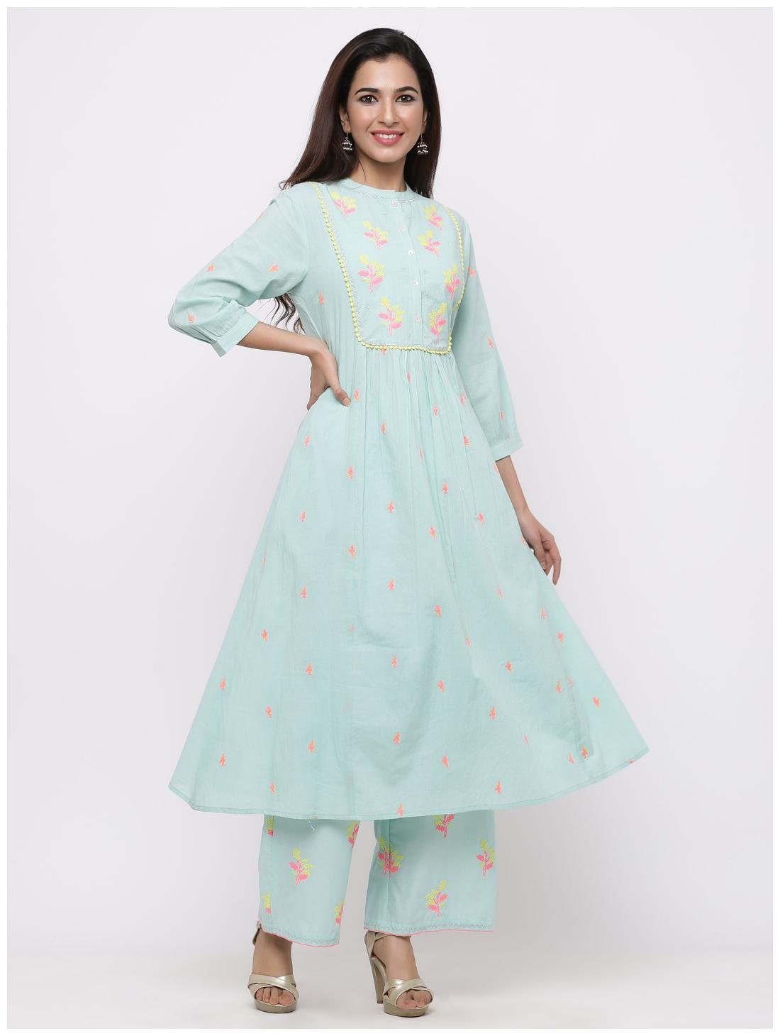 

Juniper Women Cotton Kurta Palazzo Set (Turquoise)