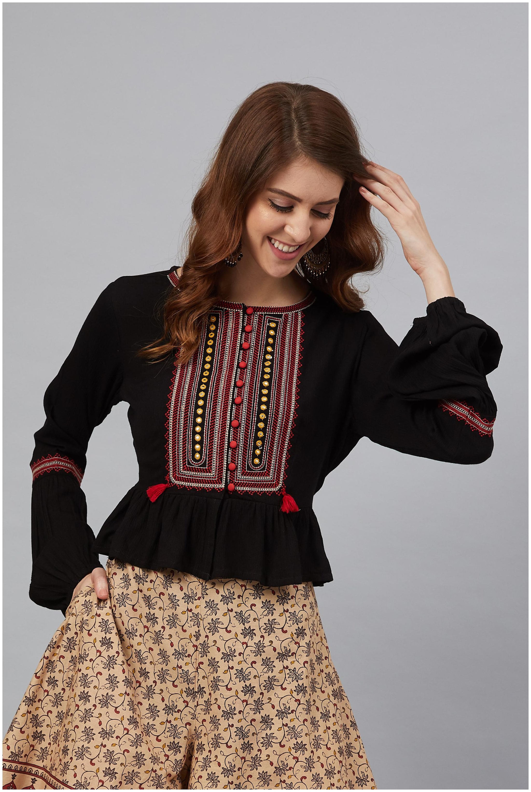 

Juniper Women Embroidered Fusion top - Black
