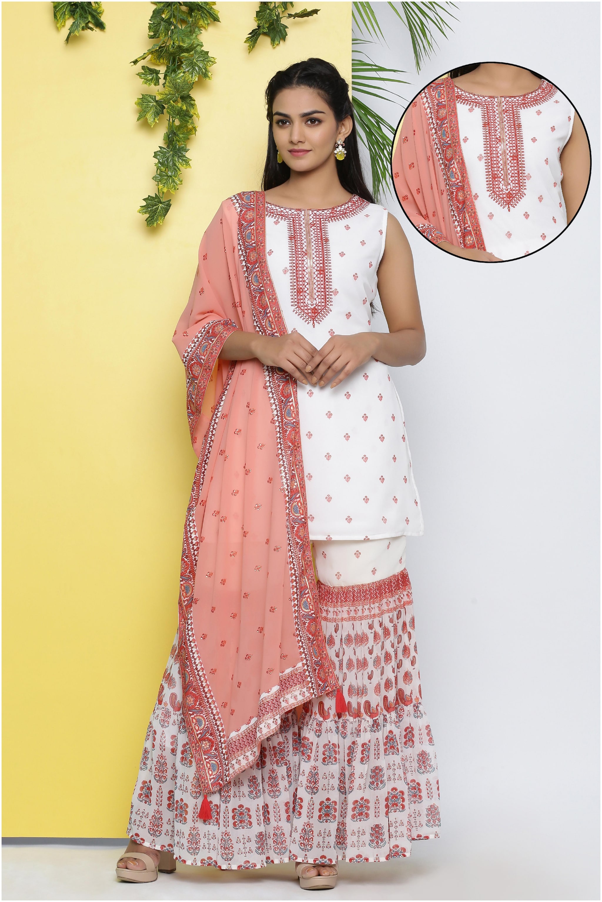 

Juniper Women White Ethnic Motifs Straight Kurta With Sharara And Dupatta