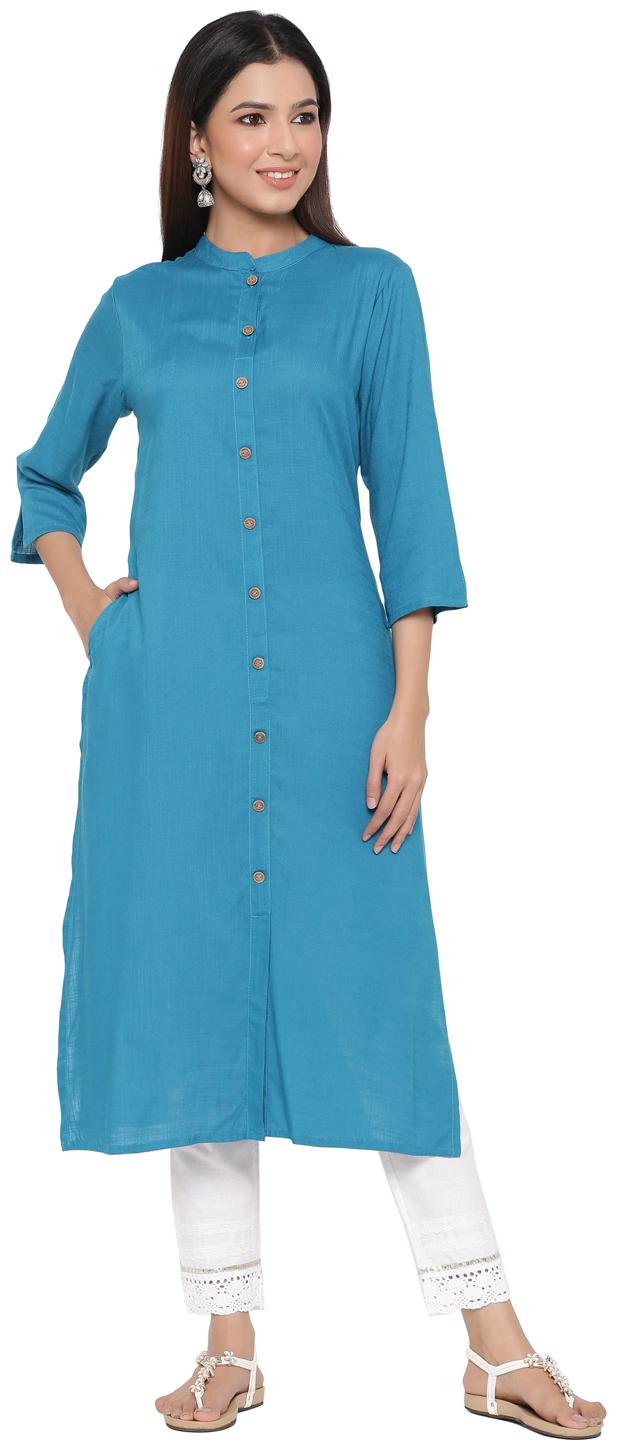 

Juniper Women Viscose Rayon Solid Turquoise Kurta