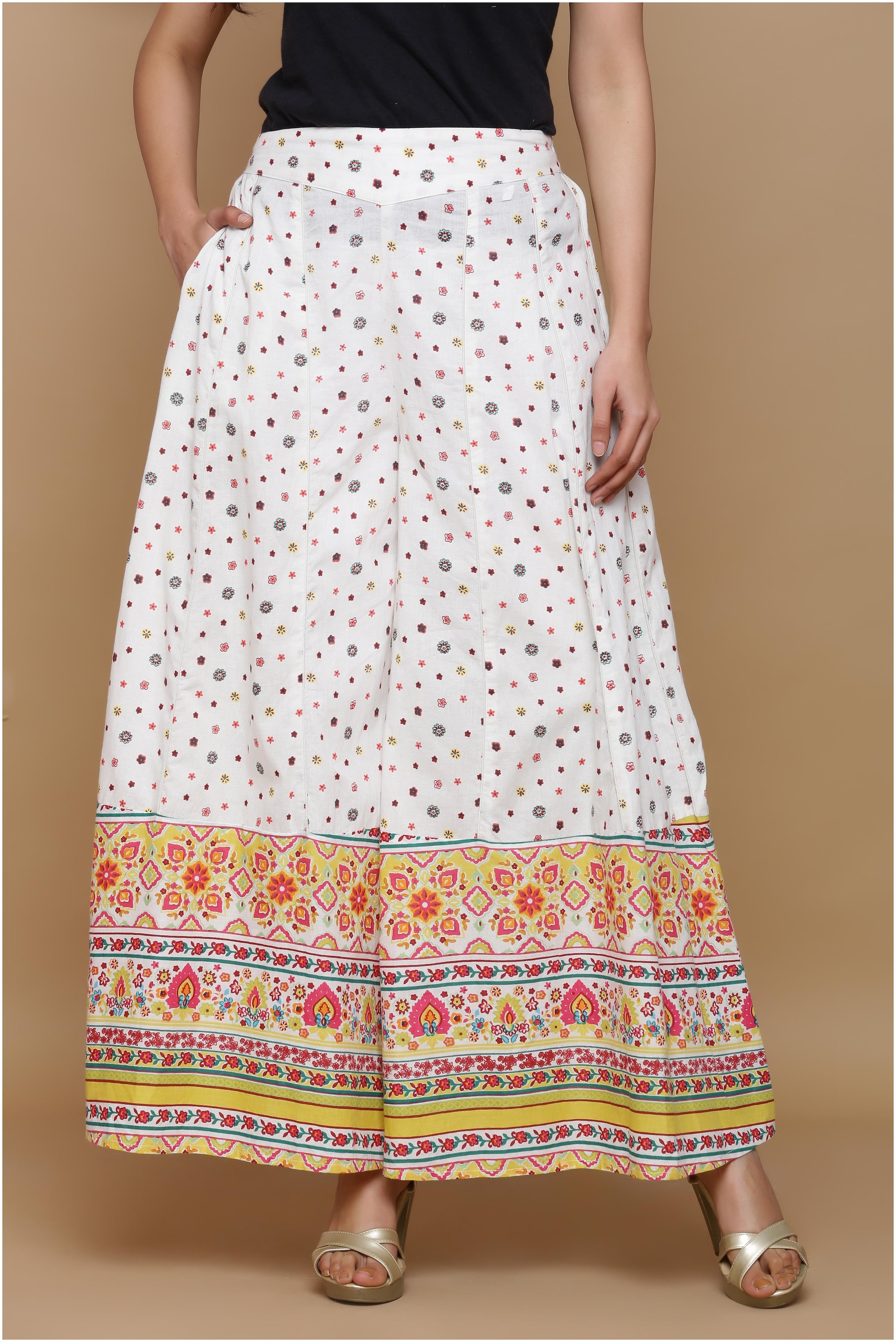 

Juniper White Printed Flared Palazzo