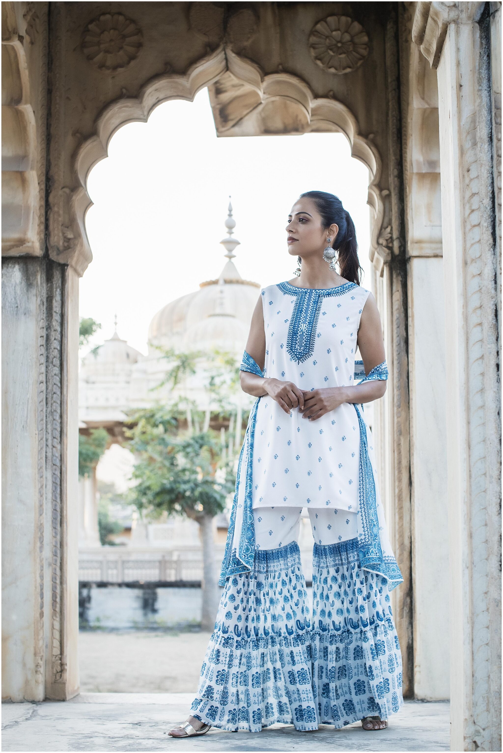 

Juniper Women Blue White Ethnic Motifs Straight Kurta With Sharara And Dupatta