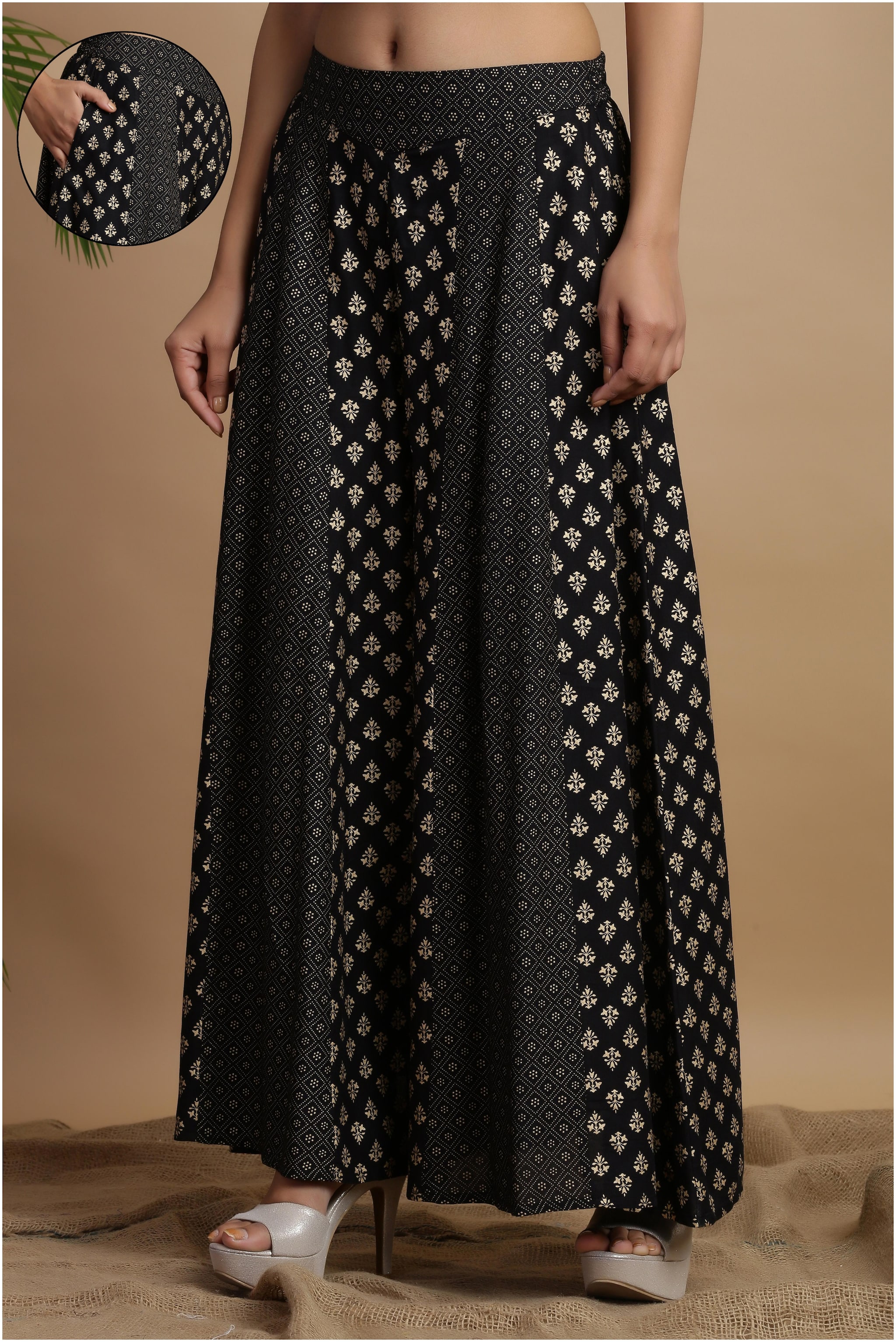 

Juniper Black Printed Flared Palazzo