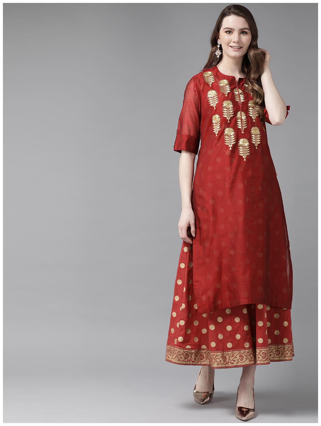 

Juniper Women Chanderi Embroidered Maroon Fusion Dresses