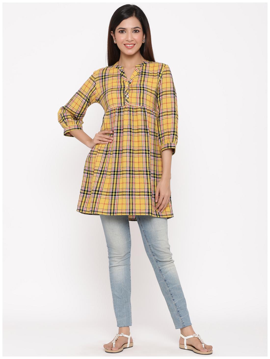 

Juniper Women Cotton Mustard Checked A Line Tunic
