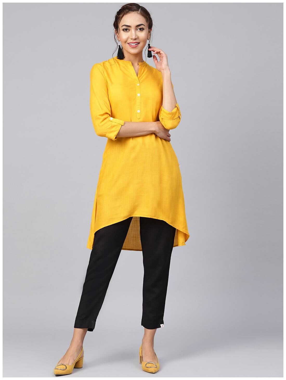 

Juniper Women Mustard Solid Assymetrical Kurta