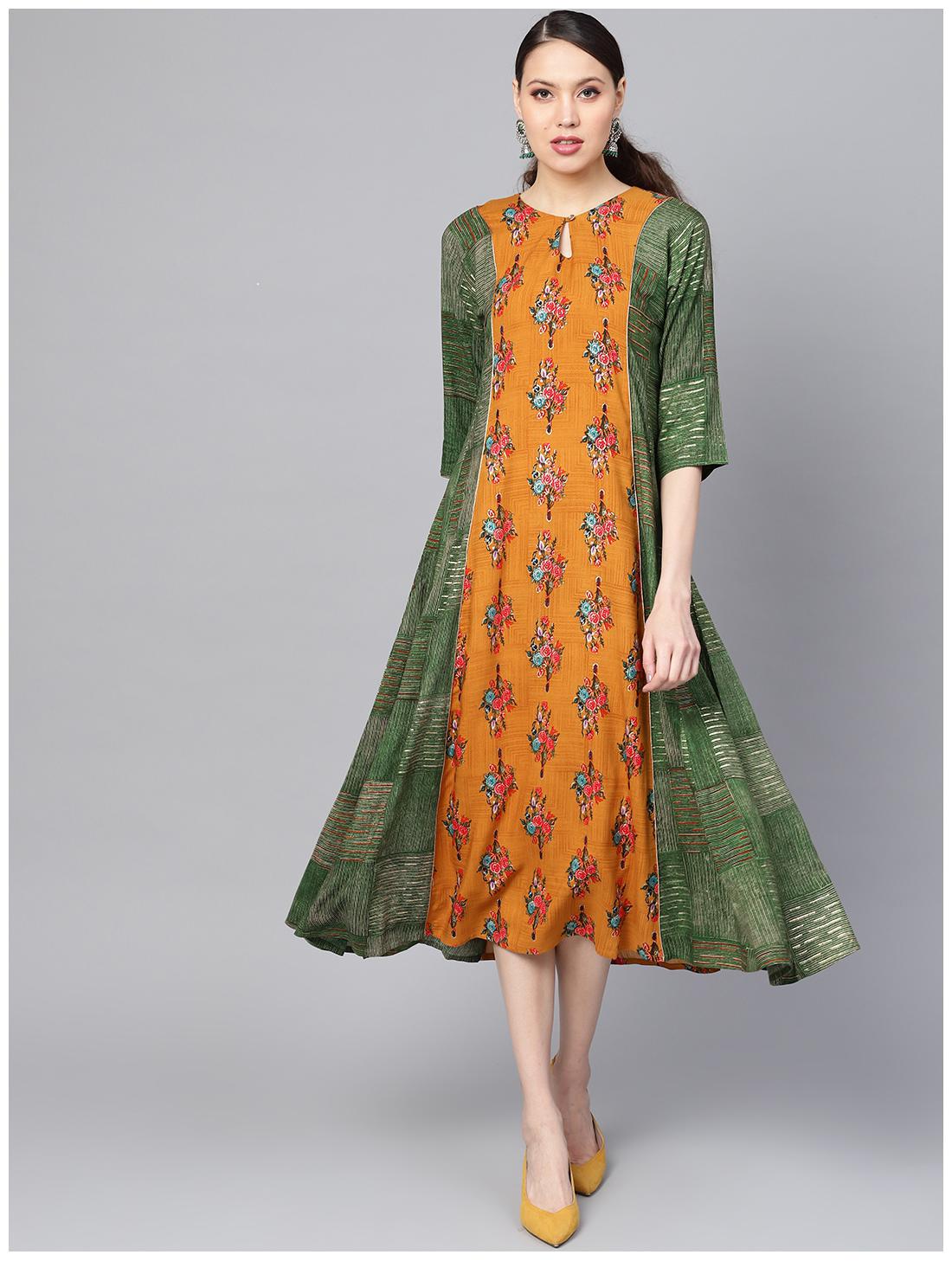 

Juniper Women Rayon Floral A line Kurti dress - Yellow Green
