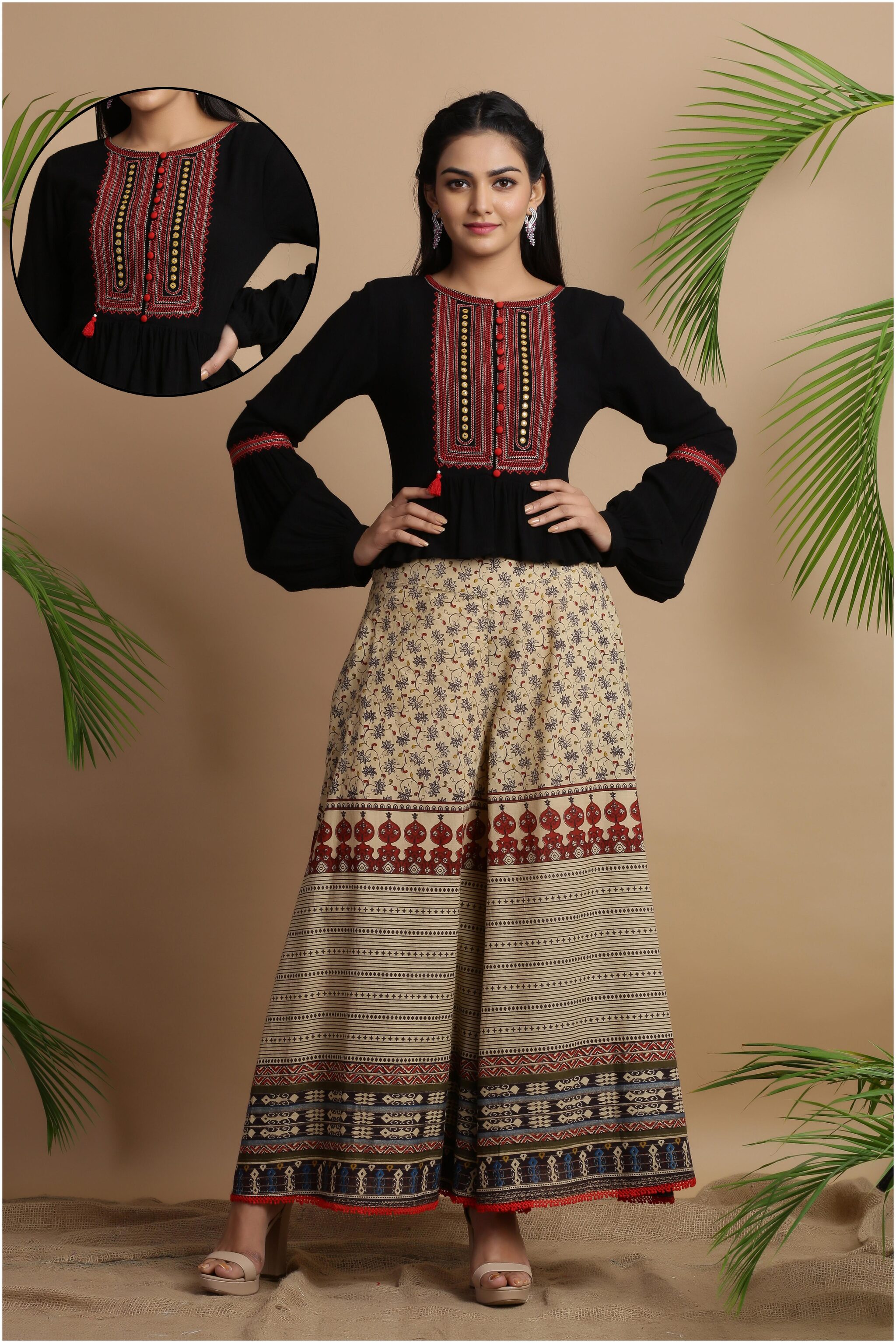 

Juniper Women Viscose Rayon Crop Top With Palazzo (Black Beige)