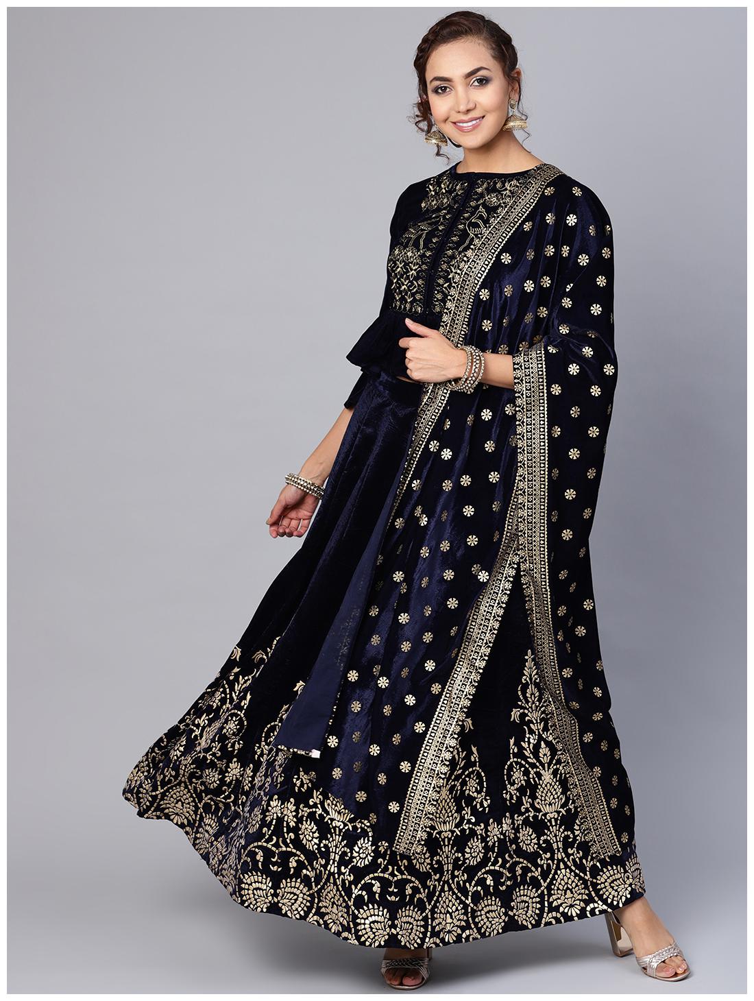 

Juniper Women Velvet Lehenga Choli Dupatta Blue color