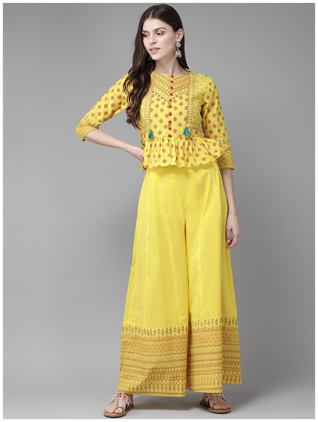 

Juniper Yellow Cambric Printed Peplum Crop-Top with Palazzo