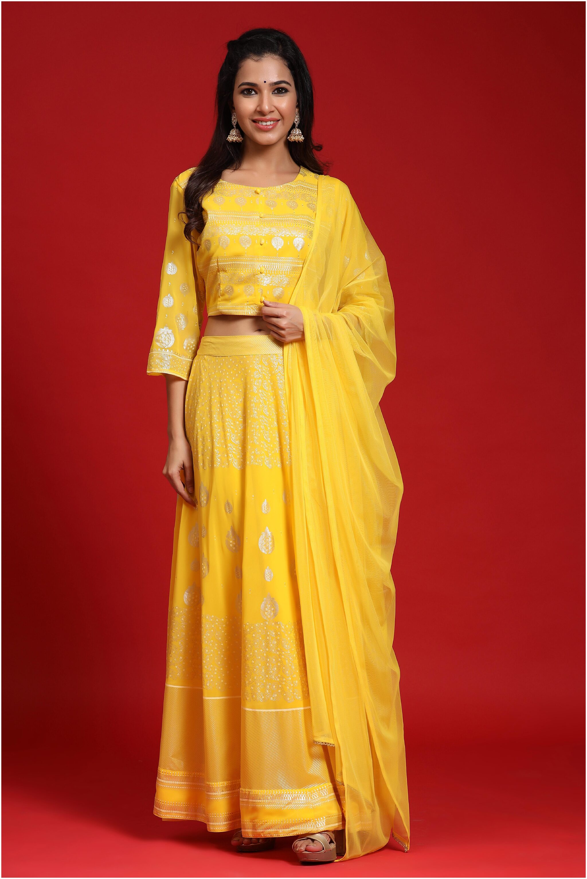 

Juniper Yellow Georgette Embellished Stitched Lehenga Choli Women