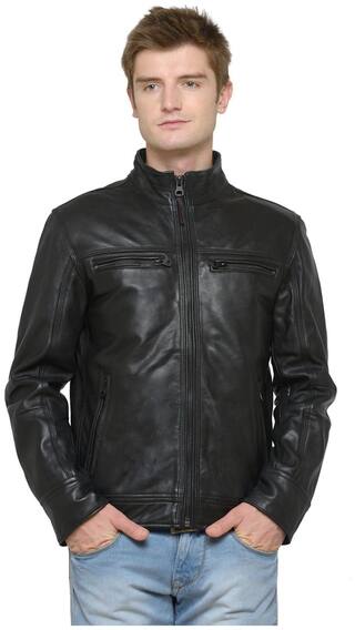 Justanned Men Black Solid Leather jacket