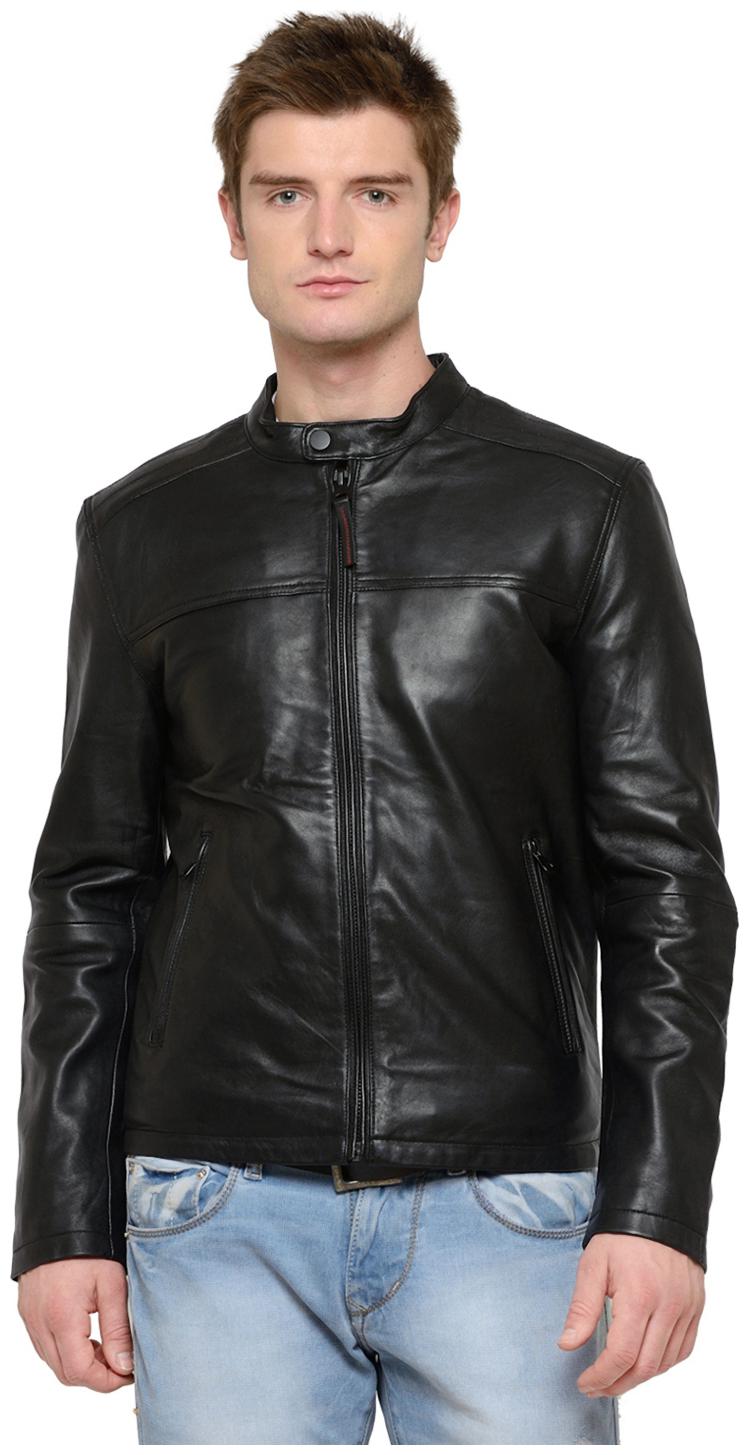

Justanned Men Black Solid Leather jacket