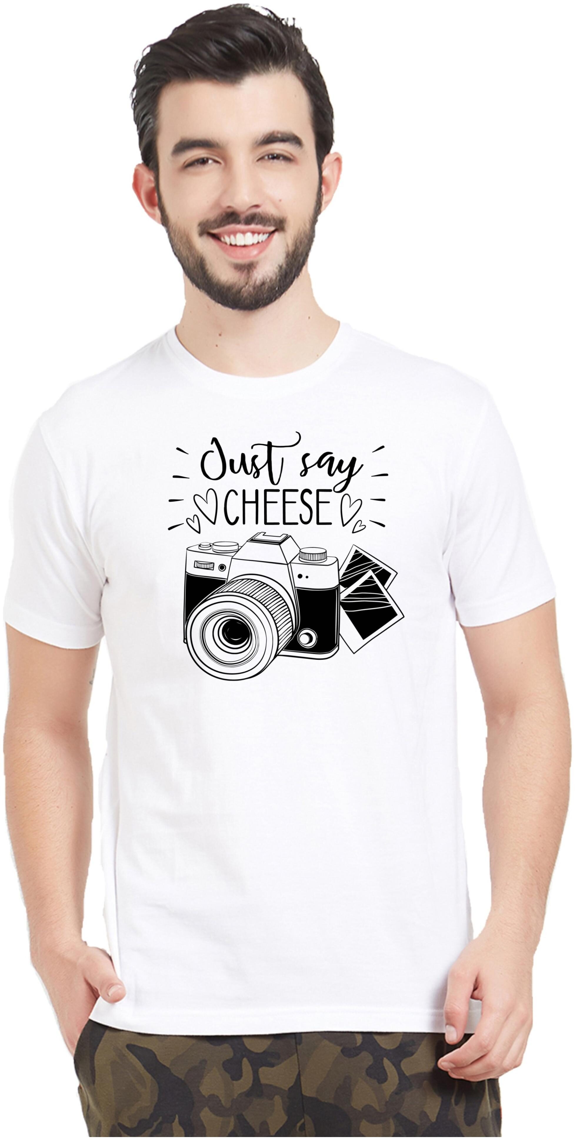 

JUST SAY CHEESE CAMERA PRINTED T-SHIRT WITH FUNKY LOOK