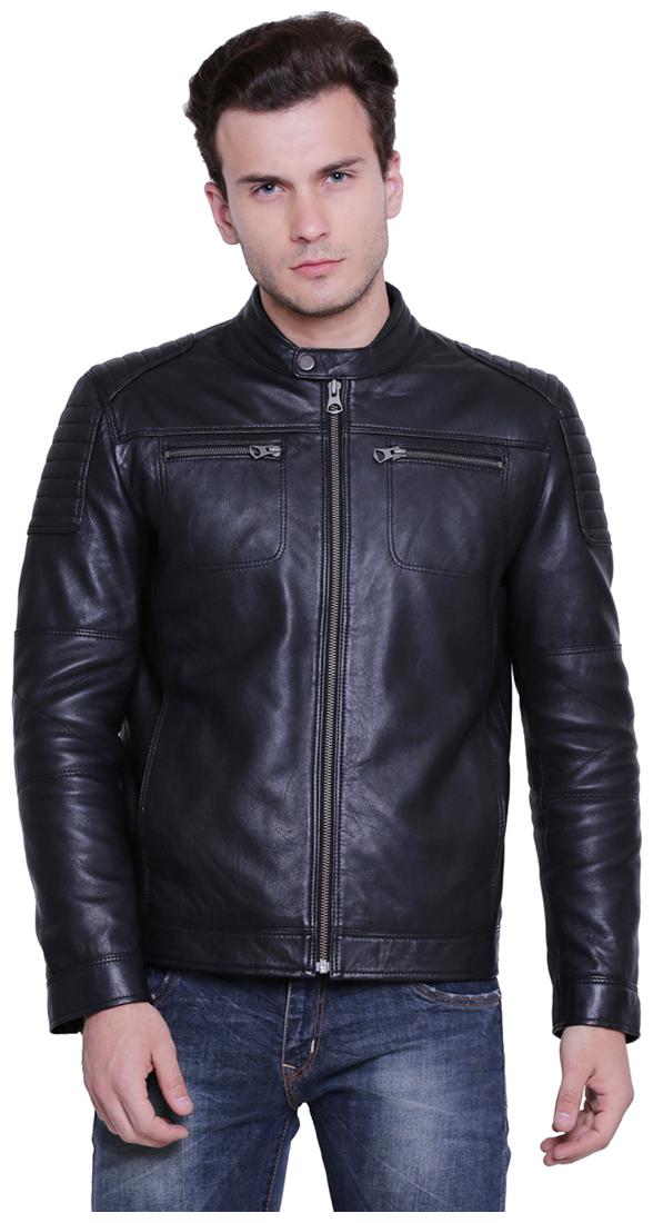 

Justanned Men Black Solid Leather jacket