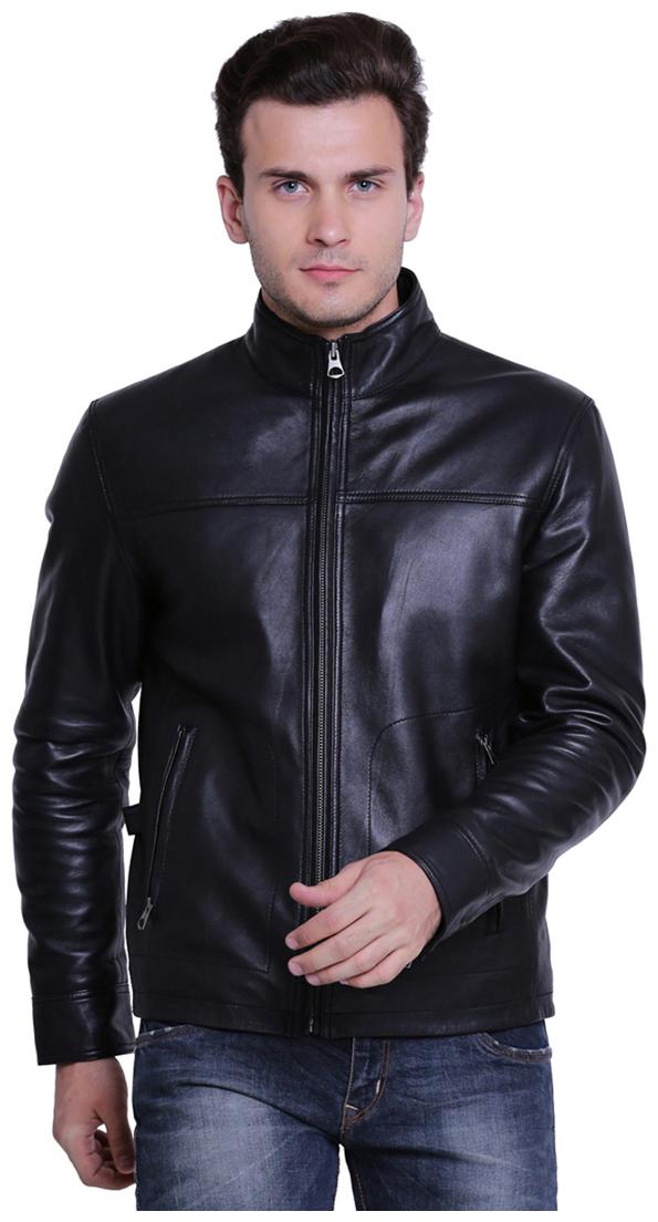 

Justanned Men Black Solid Leather jacket