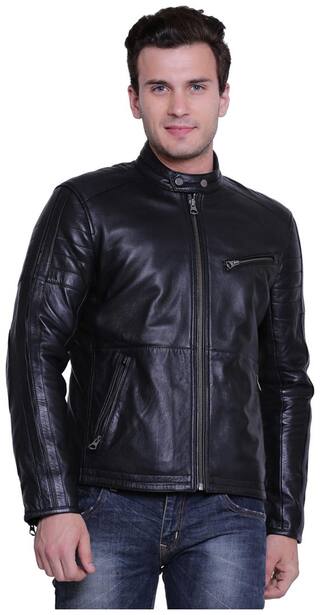 Justanned Men Black Solid Biker jacket